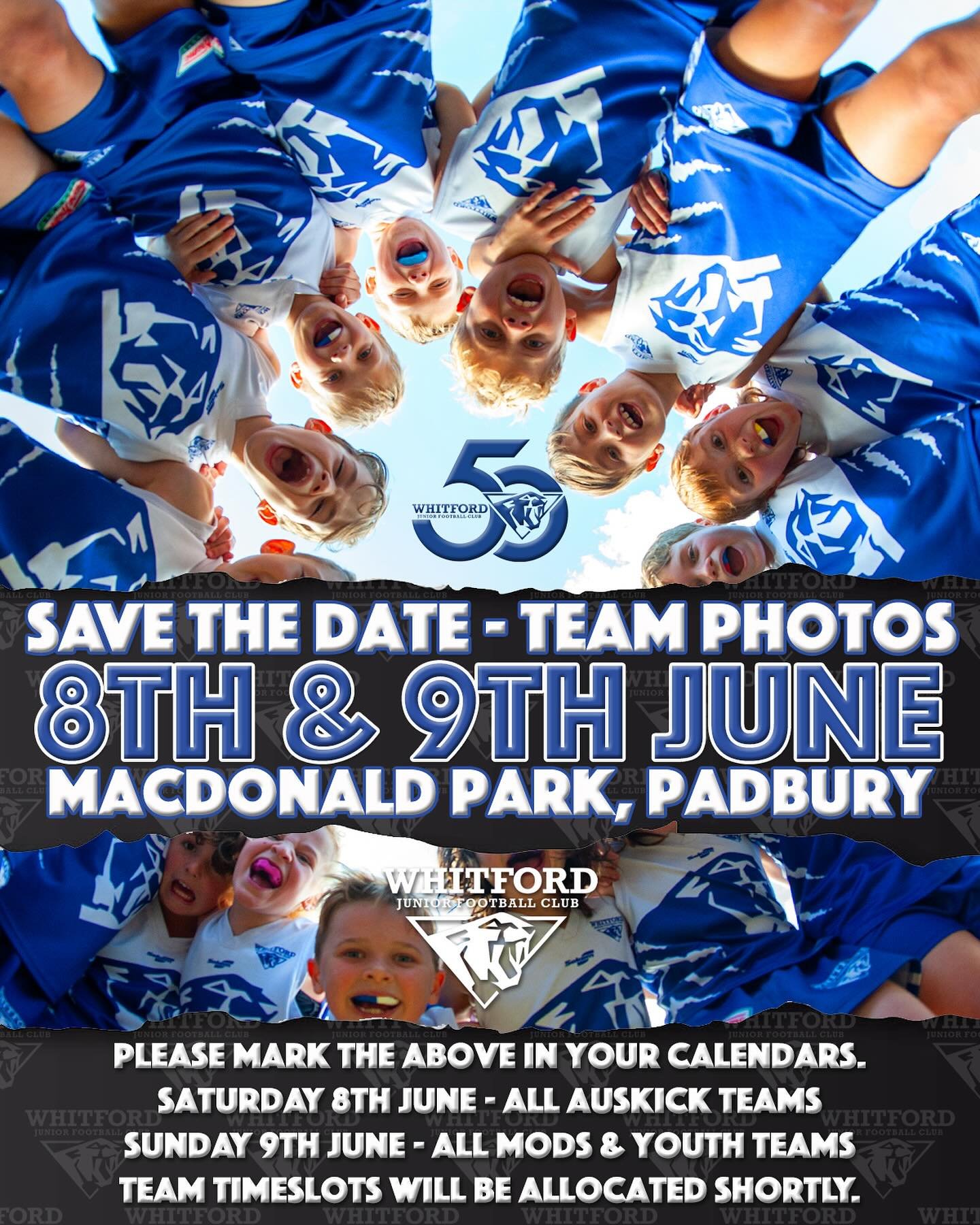 Save the Date&hellip; Lock it in your diaries people.
Team Photos will be the weekend of the 8th &amp; 9th of June at the MacDonald Park Clubrooms.
8th June - All Auskick
9th June - All Mods &amp; Youth Teams
Time slots are a logistical nightmare, so