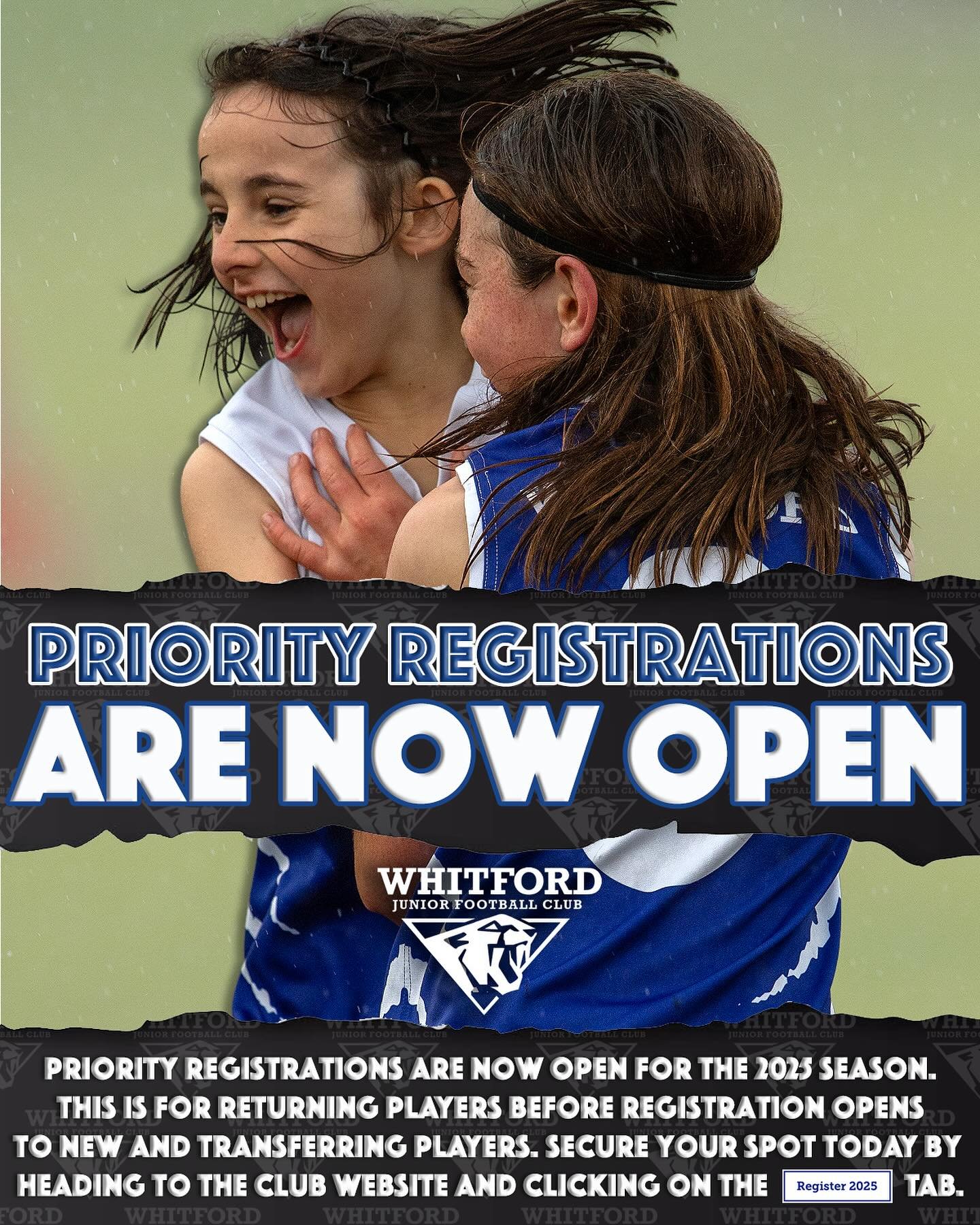 Priority Registrations are NOW OPEN for the 2025 Season. This is for returning players before registration opens to new and transferring players. 
Secure your spot today by heading to the club website and clicking on the REGISTER 2025 tab or using th