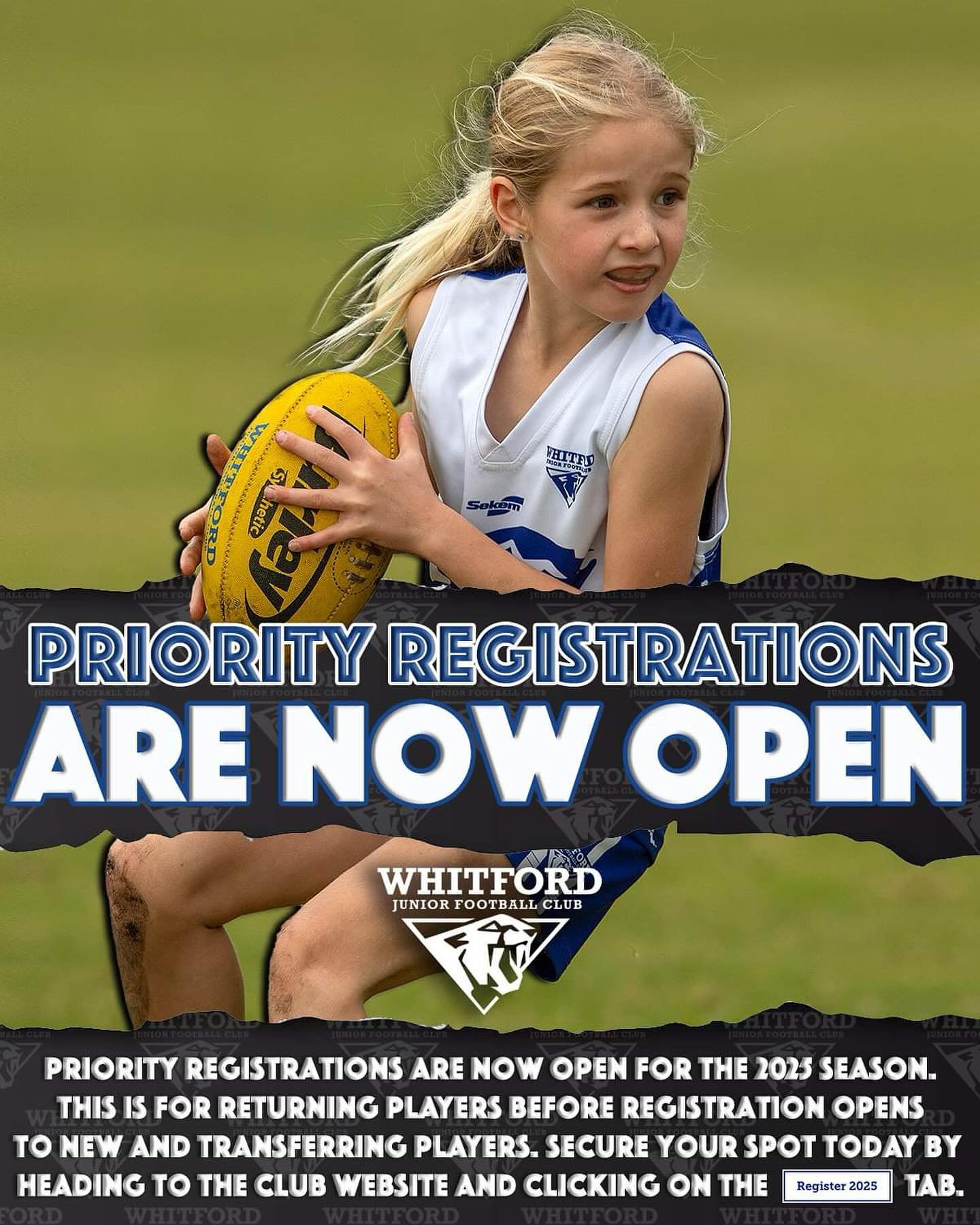 Priority Registrations are NOW OPEN for the 2025 Season. This is for returning players before registration opens to new and transferring players. 
Secure your spot today by heading to the club website and clicking on the REGISTER 2025 tab or using th