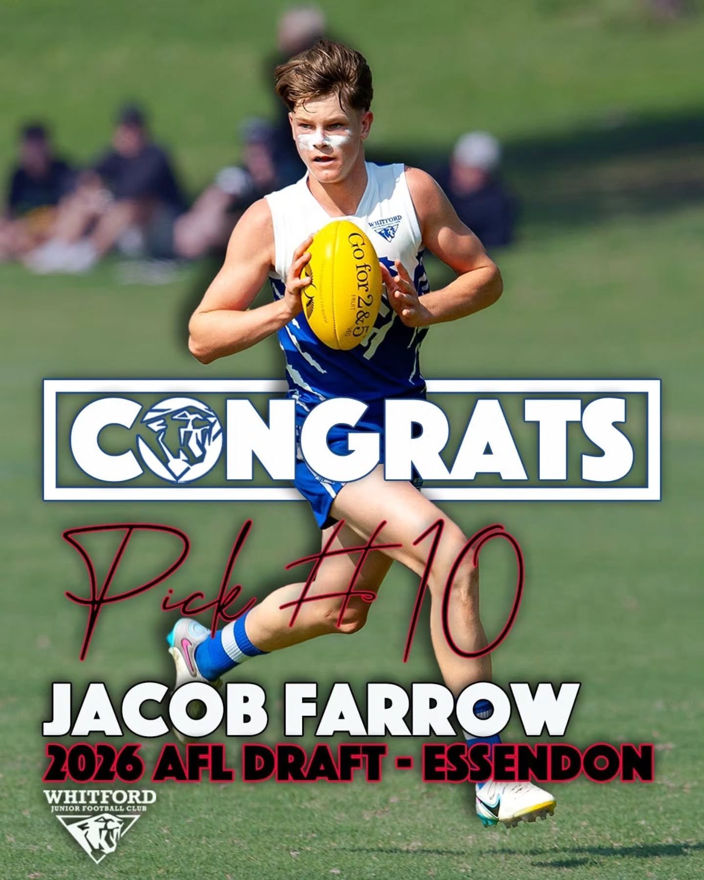 MASSIVE CONGRATS JACOB FARROW! 🖤❤️

Pick 10 to Essendon in the 2025 AFL Draft! From MacDonald Reserve to Windy Hill, the whole Whitford Junior Football Club couldnt be more excited for you.

You&rsquo;ve done us proud, mate. Once a Wildcat, always a