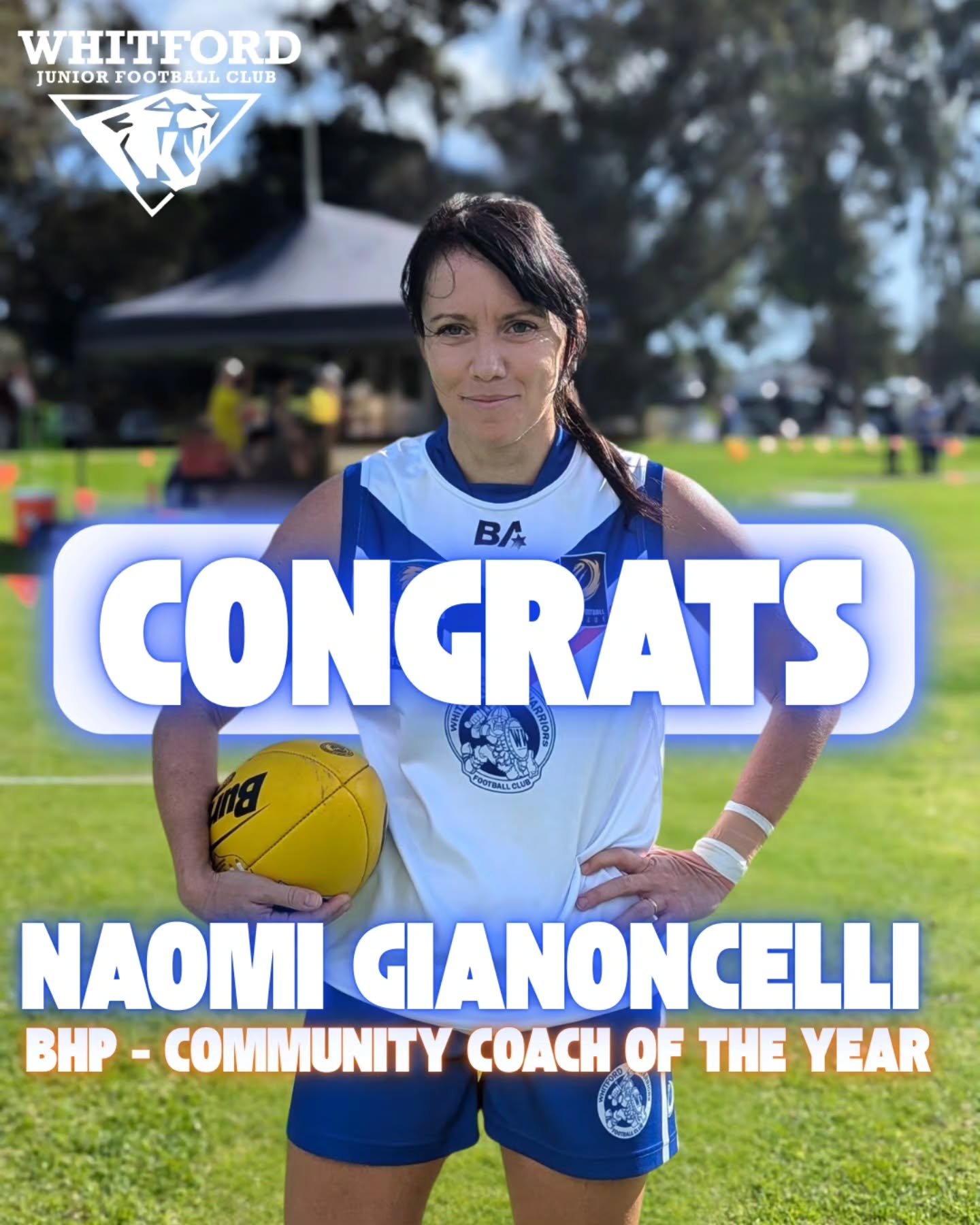 CONGRATULATIONS NAOMI GIANONCELLI! 💙🤍

Whitford Junior Football Club is excited to announce that our u18s Womens Coach, Naomi Gianoncelli was tonight awarded the BHP - Community Coach of the year at the 2025 AFLW W Awards. 

This award recognises a