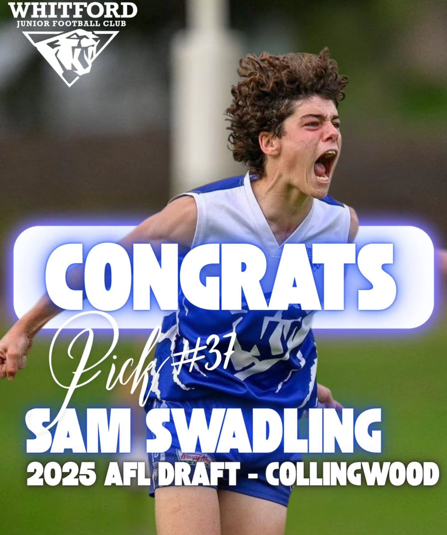 MASSIVE CONGRATS SAM SWADLING! 🖤🤍

Pick 37 to Collingwood in the 2025 AFL Draft! From playing in front of family and friends at Auskick to 90,000 screaming fans at a packed MCG ... the Whitford Junior Football Club couldn't be more excited for you.
