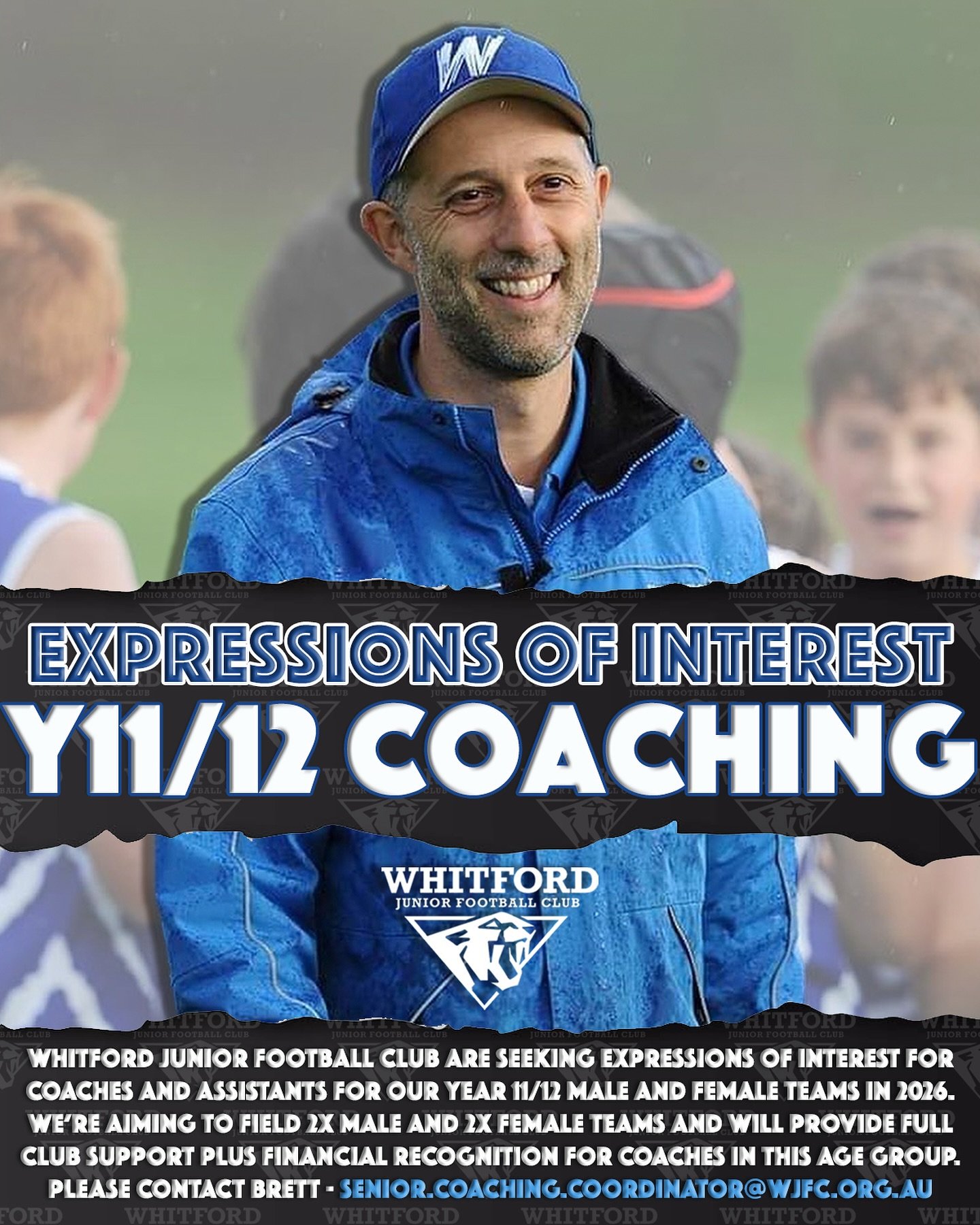 Whitford Junior Football Club are seeking expressions of interest for coaches and assistant coaches for our year 11/12 Male and Female teams in 2026.
We&rsquo;re aiming to field 2x Male and 2x Female teams, and will provide full club support plus fin