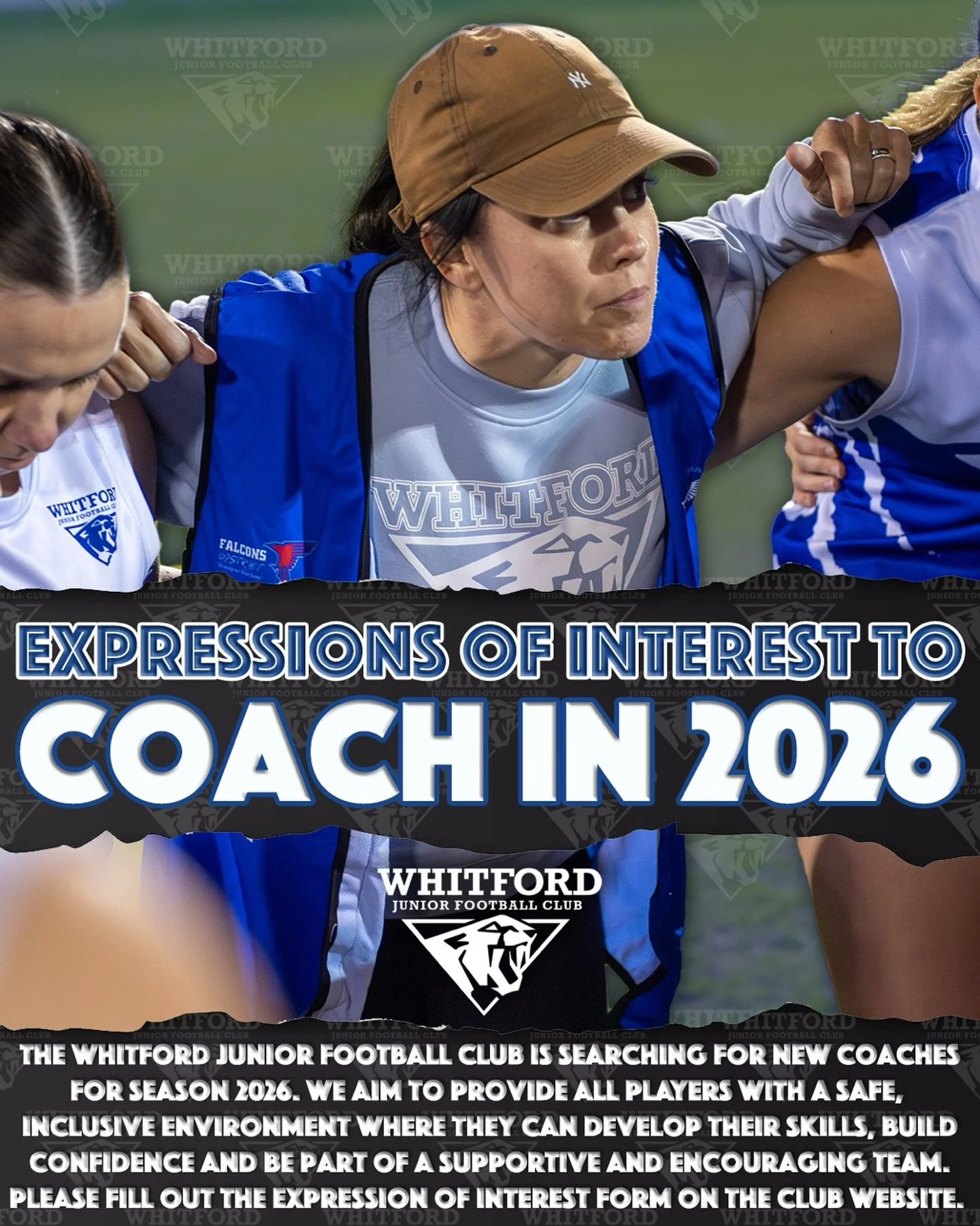 The Whitford Junior Football Club is looking for coaches for season 2026. 
We aim to provide all players with a safe and inclusive environment where they can develop their skills, buildconfidence and be part of a supportive and encouraging team.If 