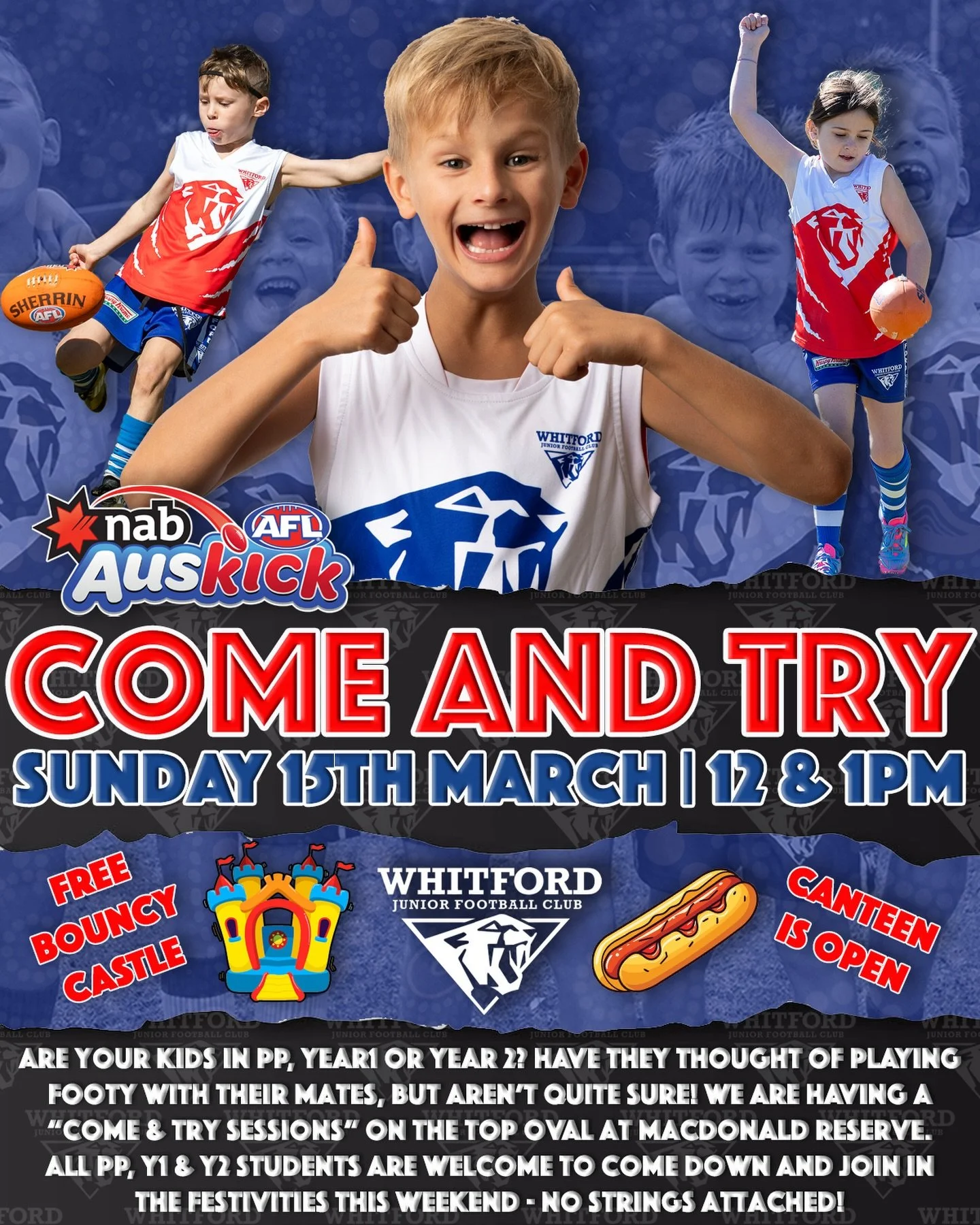 Attention all PP, Y1 &amp; Y2 kids!!!
Wanna try the awesomeness that is @aflauskick before you commit? Come on down to Whitties this Sunday and join in the fun at 12pm and 1pm&hellip;you choose!!
No strings attached&hellip; enjoy the FREE bouncy cast