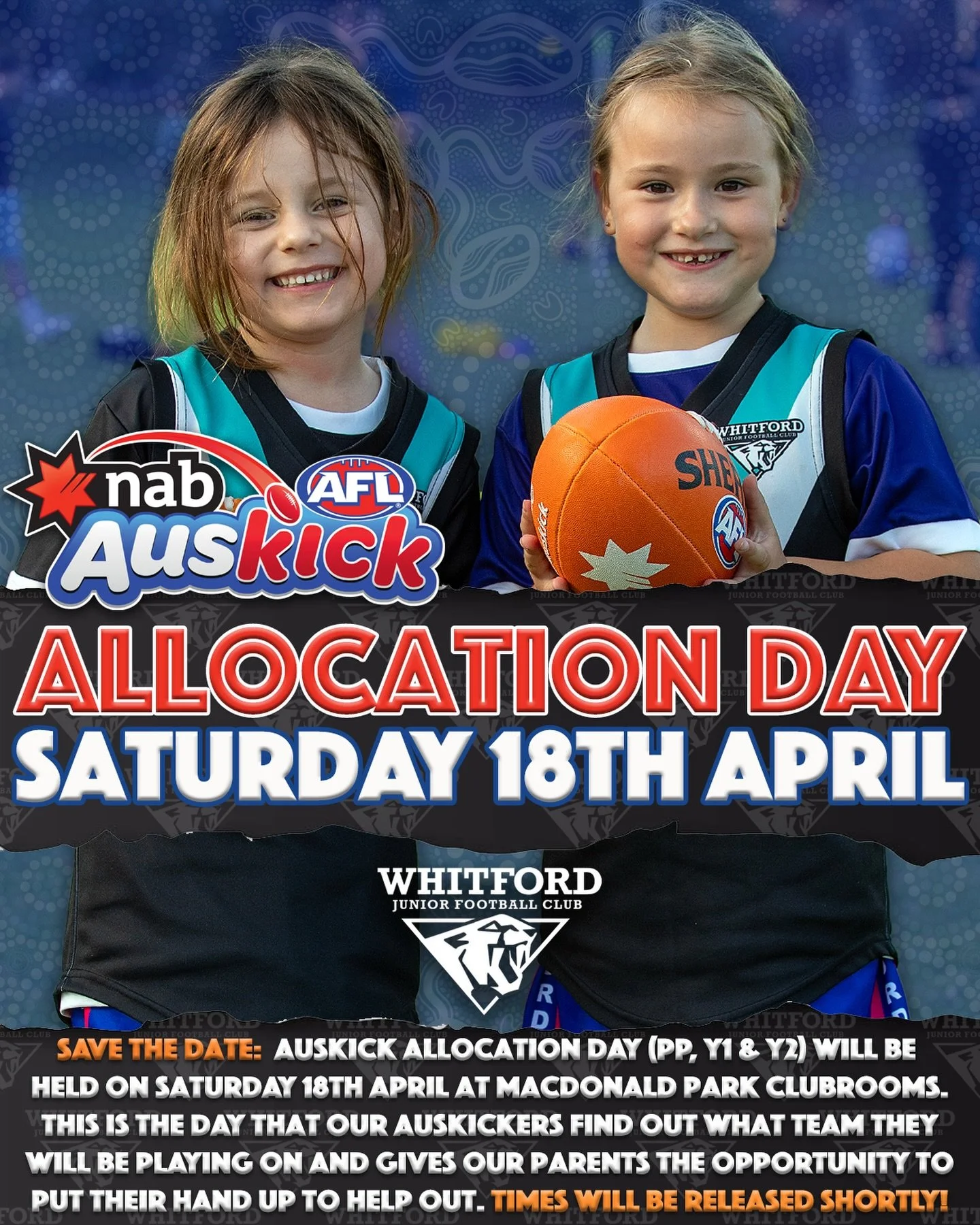 Save the Date AUSKICKERS!
Saturday the 18th of April is our Allocation Day for @aflauskick 
This is when you will come down to the club, find out which team you are in and your parents can volunteer to see who will be your coach and team manager for 