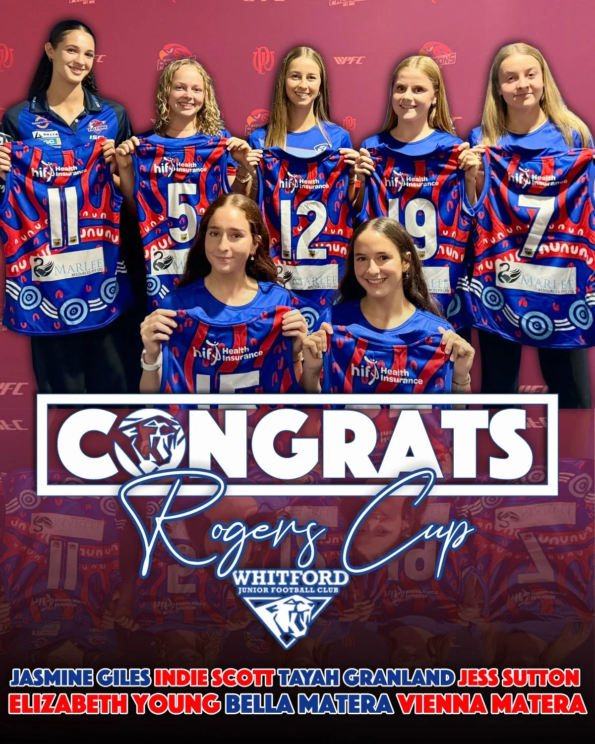 On behalf of the entire Whitford Junior Football Club, we would like to congratulate Jasmine Giles, Indie Scott, Tayah Granland, Jess Sutton, Elizabeth Young, Bella Matera and Vienna Matera on their selection to the @westperthfc Roger&rsquo;s Cup Tea