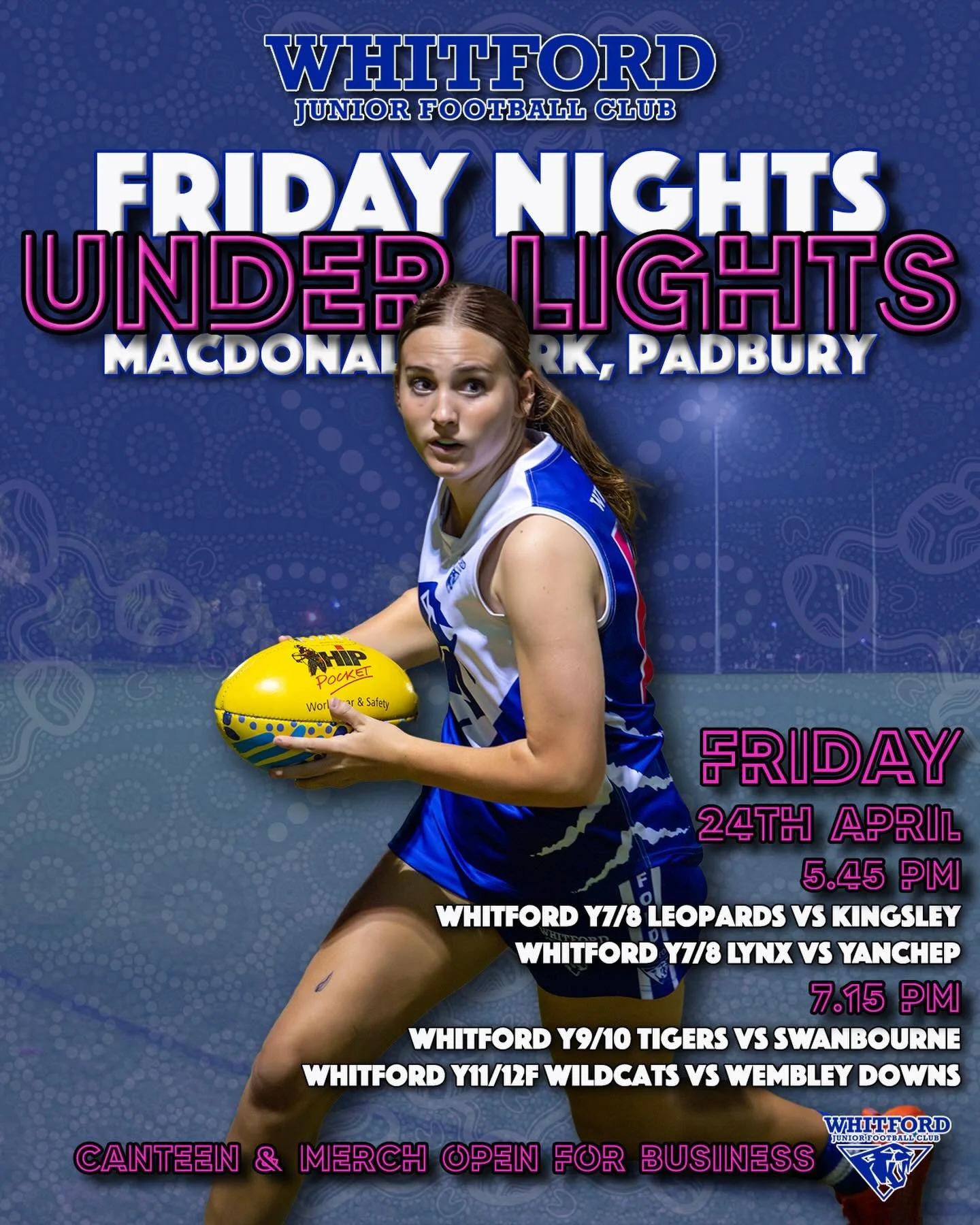 Round 1 for 2026 kicks off with a Friday Night quadruple header down at the home of Whitford&rsquo;s footy, MacDonald Oval in Padbury!
Come and support our girls as they begin their &lsquo;26 campaigns on home turf.
Both the merch store and the cante