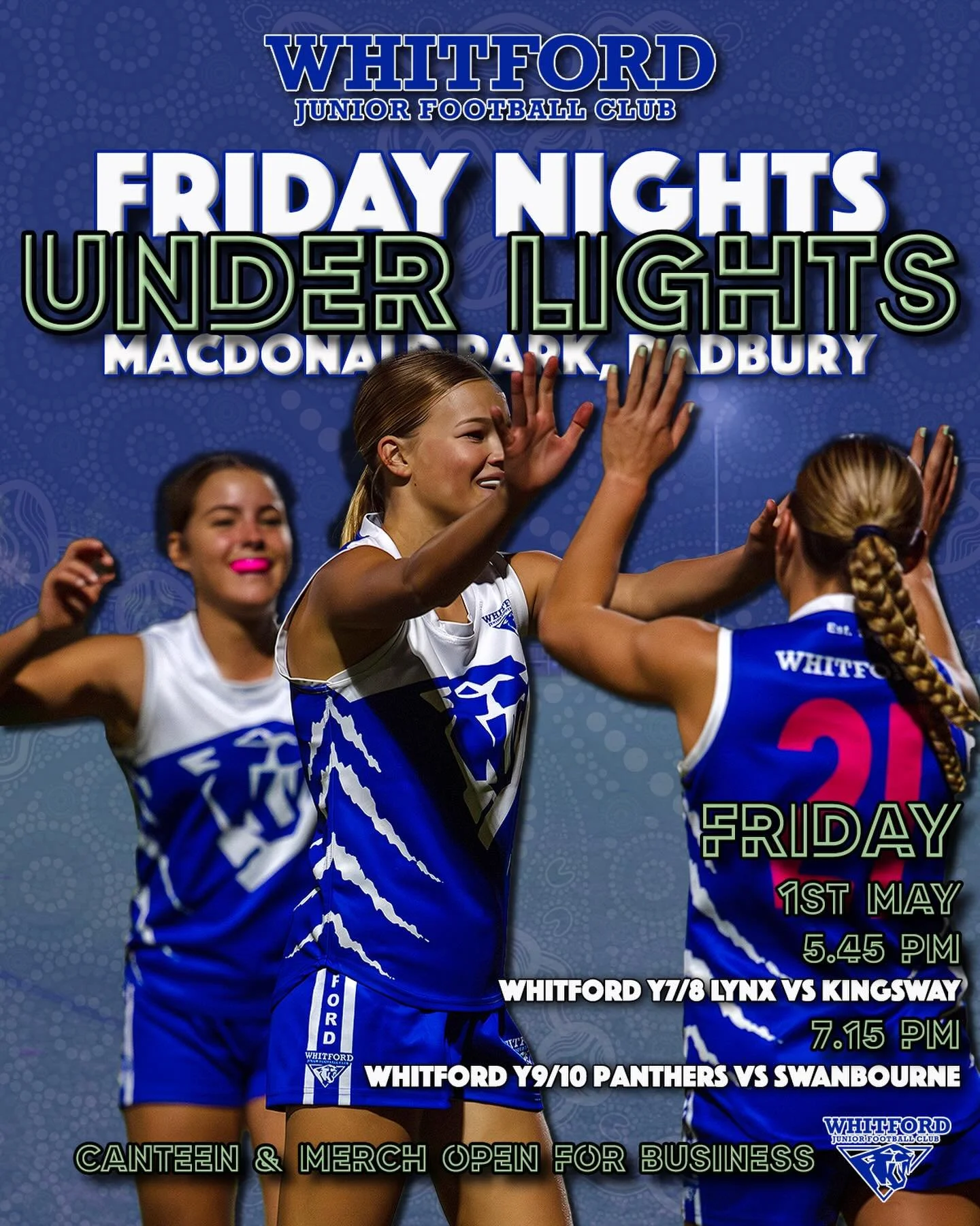 MacDonald Oval will be showcasing 2 games this Friday Night! 
There will be Hot Diggity-Dogs and Hot Chicken Rolls on offer and the Ammos at @whitfordafc  will have their club room open, so you can look over both grounds eat, drink, be merry and even