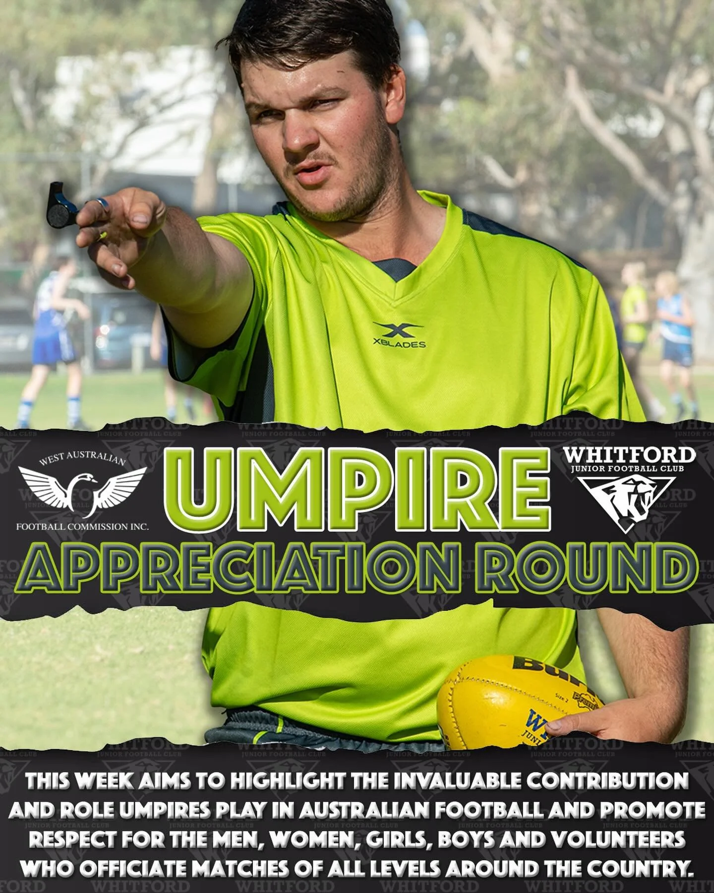 This week we honour the umpires who allow us to play the game we all love fairly!
Thank you to all the men, women, boys, girls and volunteers who give their time to officiate our football games every weekend!
Without you it would be utter chaos!
Plea