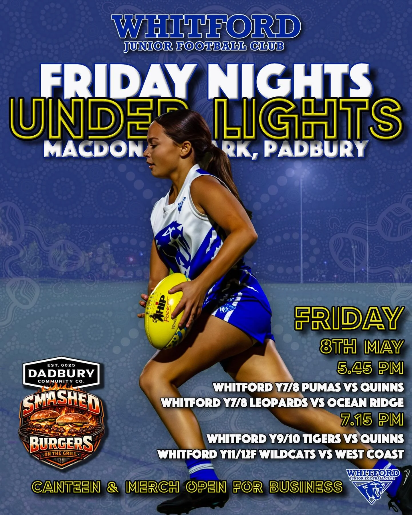 Footy, food and fun&hellip; and it&rsquo;s all Under Lights this Friday!
Our mates @dadbury6025 will be serving up smashed burgers &amp; chicken burgers as cheap as the chips that come with them from 5.30pm onwards, so come on down, bring the family 