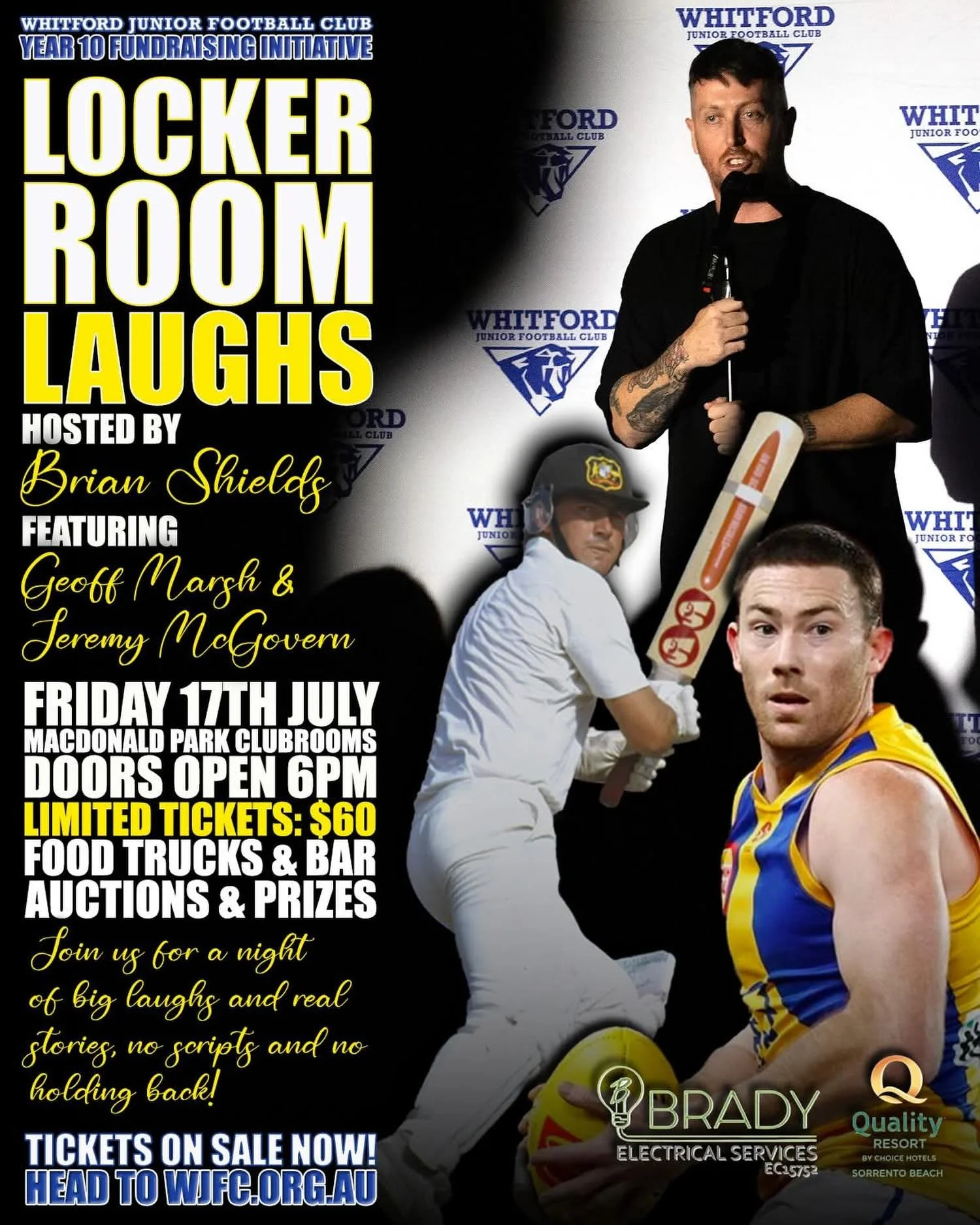 Get ready for a night of comedy, stories, and sporting legends at Locker Room Laughs &ndash; a unique fundraising event supporting the Whitford Junior Football Club 2027 Melbourne Trip.

Hosted by the hilarious Brian Shields, the evening kicks off wi