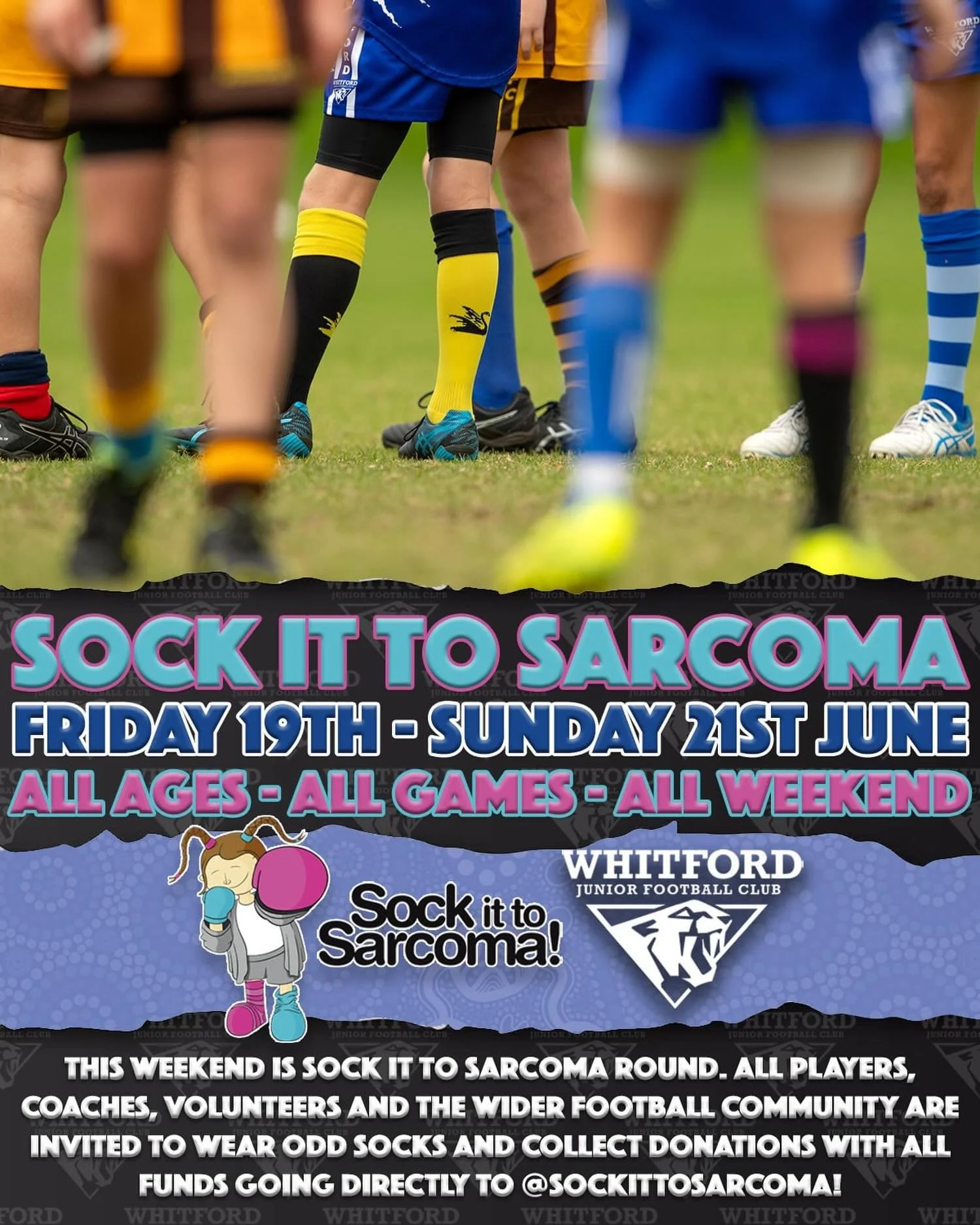 This weekend is Sock it to Sarcoma for all ages!!!
 
All players, coaches, volunteers and wider football communities are invited to wear odd socks and collect donations with all funds going directly to @sockittosarcoma 
 
In 2025, over $20,000 was ra