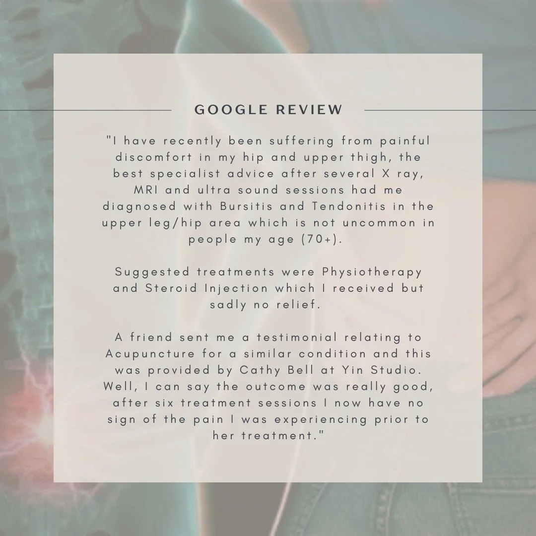 Are you suffering from hip pain or bursitis?  Have you thought about acupuncture as a treatment.  This is an older review from 2021 but highlights how effective it can be for these issues.  Cathy Bell has been operating Yin Studio for almost 20 years