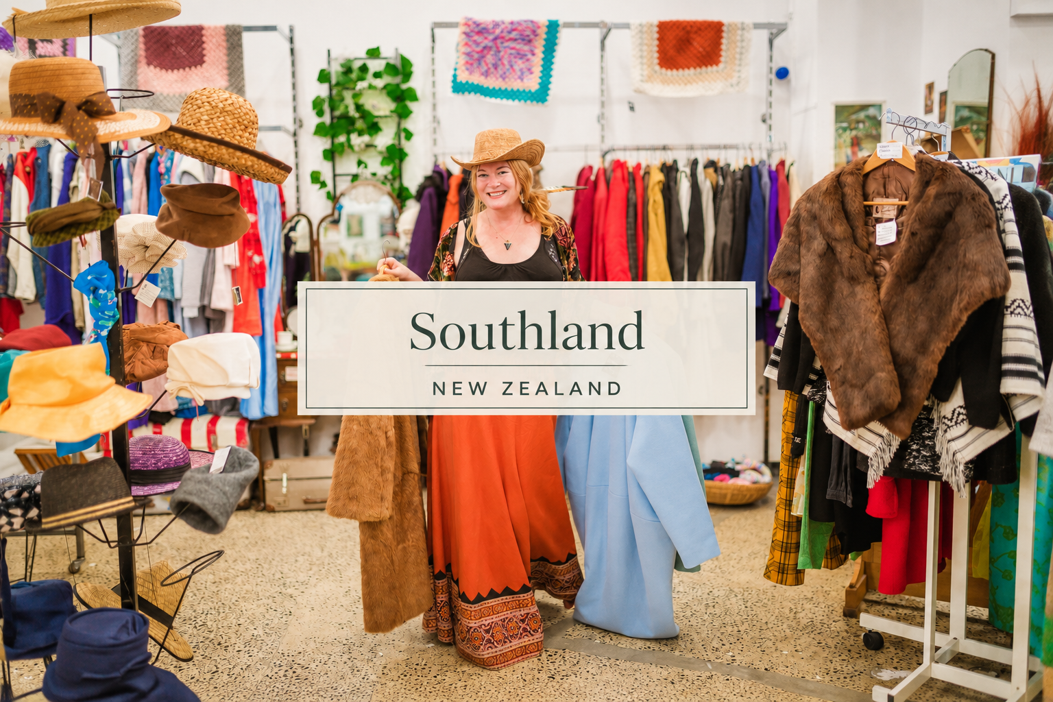 Southland, New Zealand op shop and vintage treasure guide, featuring a colourful second-hand clothing shop filled with vintage fashion, hats, homewares and eclectic finds.