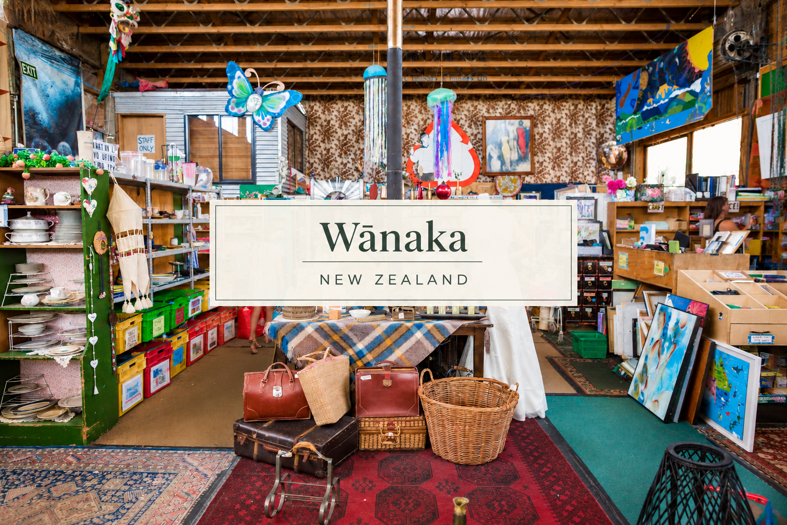 Wānaka op shop and vintage treasure guide, featuring a colourful second-hand shop filled with vintage homewares, art, clothing, baskets, luggage and eclectic finds.