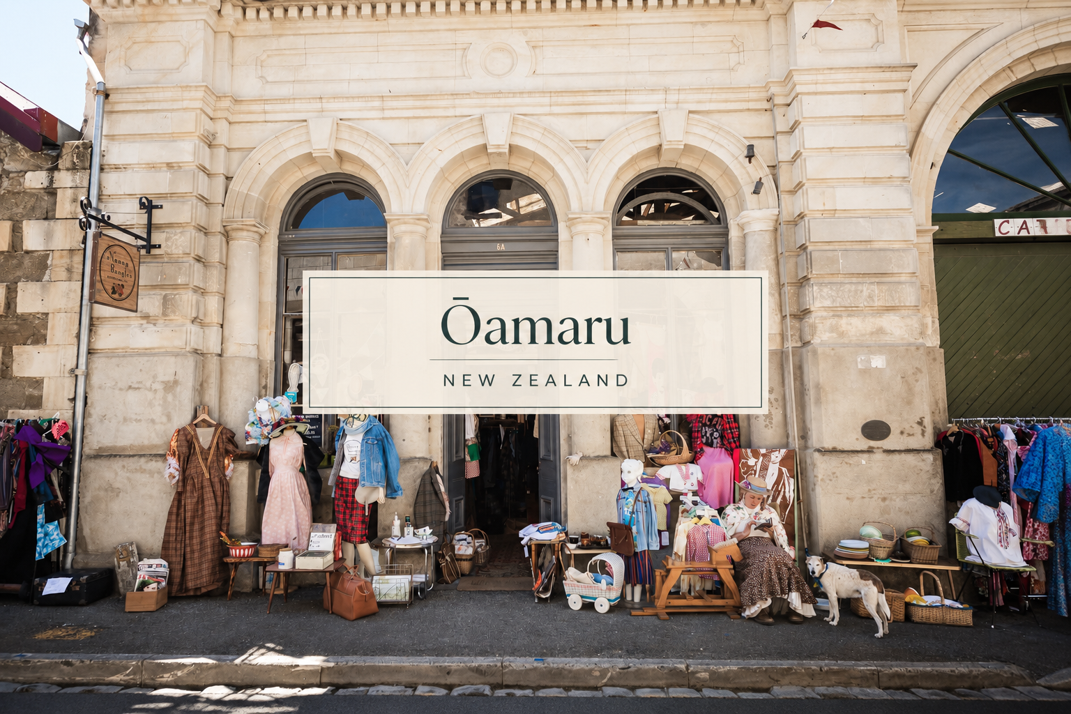 Ōamaru op shop and vintage treasure guide, featuring a historic limestone storefront with vintage clothing, furniture, mannequins and eclectic second-hand finds.