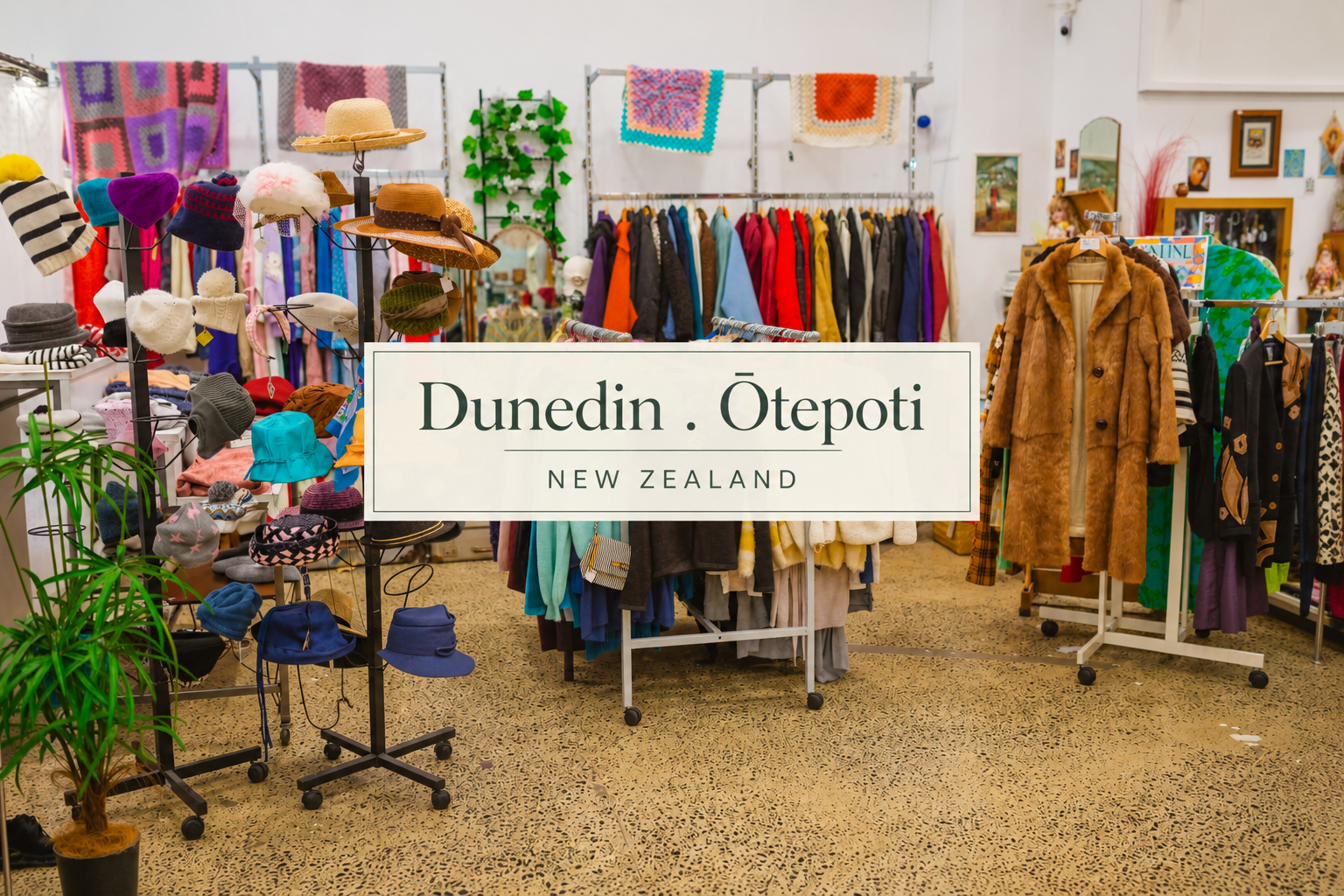Dunedin Ōtepoti op shop and vintage treasure guide, featuring a colourful second-hand clothing shop filled with vintage garments, hats, knitwear and eclectic homewares.