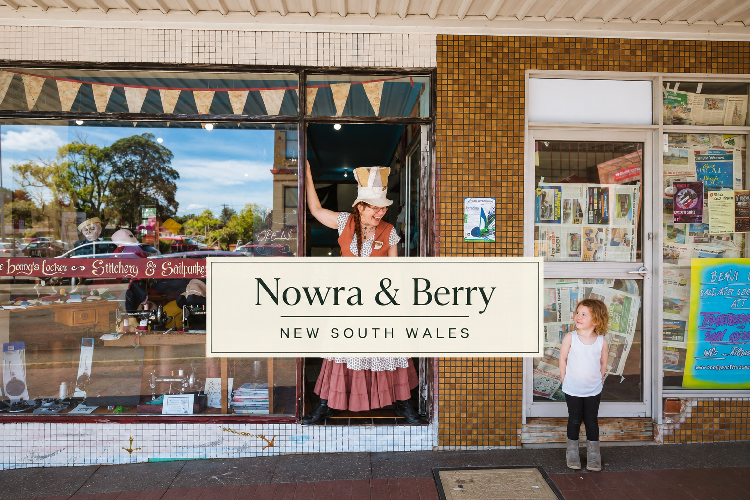 Berry and Nowra op shop and vintage treasure guide, featuring a quirky vintage storefront with sewing machines, handmade displays, retro clothing and colourful street-side details in New South Wales.