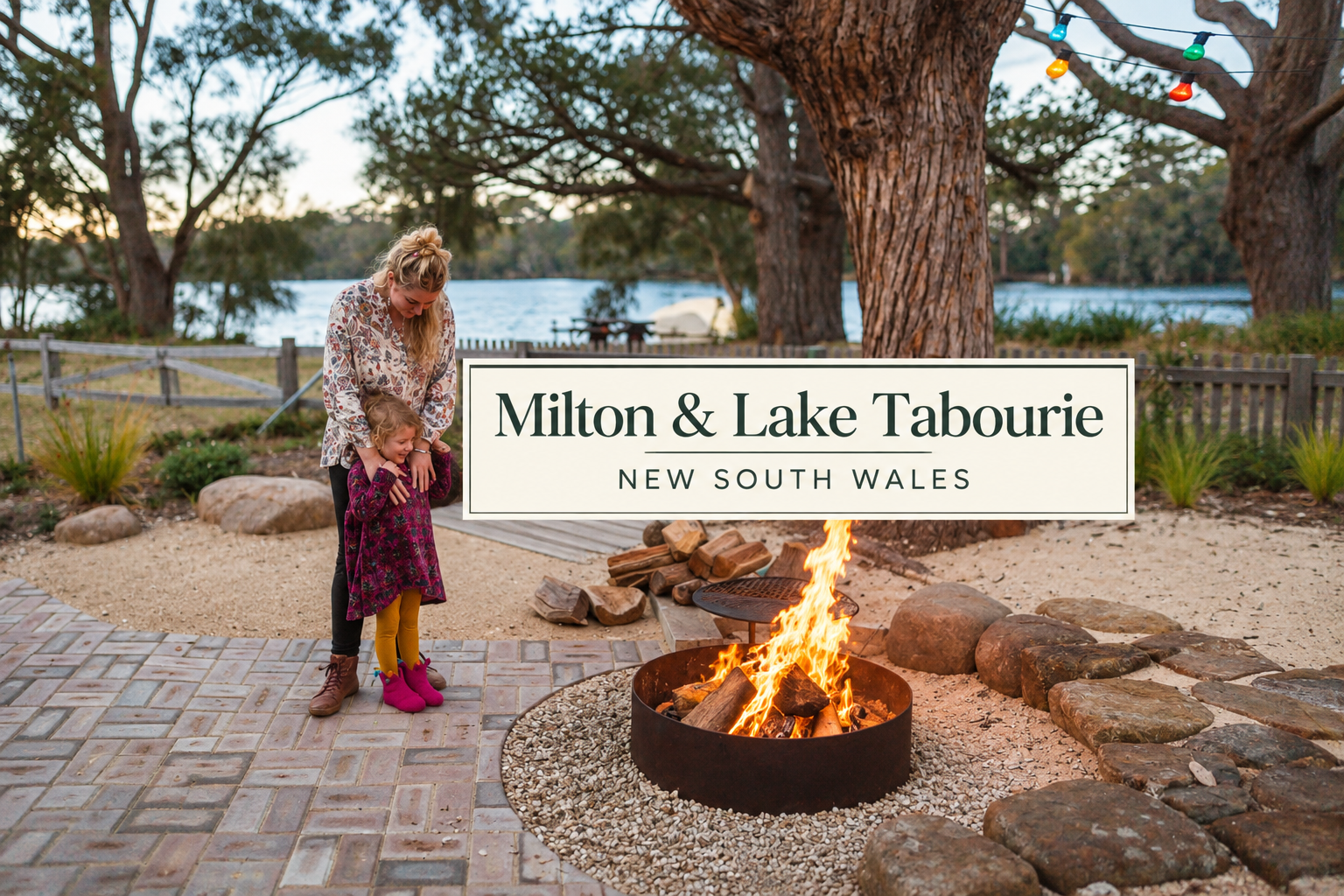 Milton and Lake Tabourie op shop and vintage treasure guide, featuring a lakeside setting with a mother and child beside a fire pit, surrounded by trees and rustic outdoor details in New South Wales.