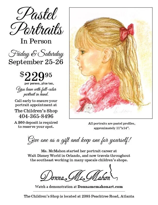 Coming soon!! Ms Donna will be at our shop September 25-26th doing pastel portraits. Beautiful keepsakes to keep or give as gifts. Call or DM to reserve a 30 minute time for this great event.  404-365-8496
.
.
#childrensshop #childrensshopatl #donnam