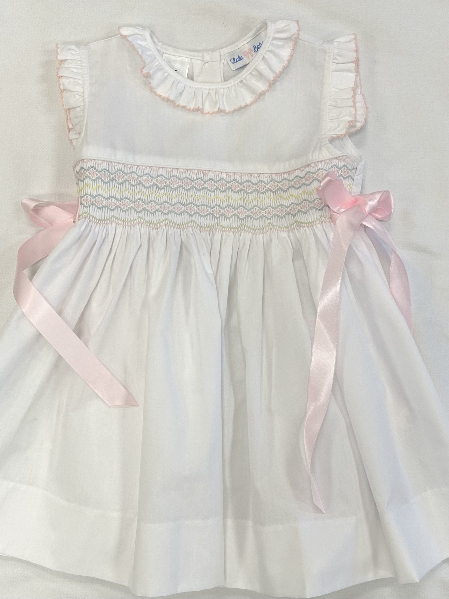 LuLu BeBe Girls Pink Floral Smocked Dress - Red Bows at Shoulders