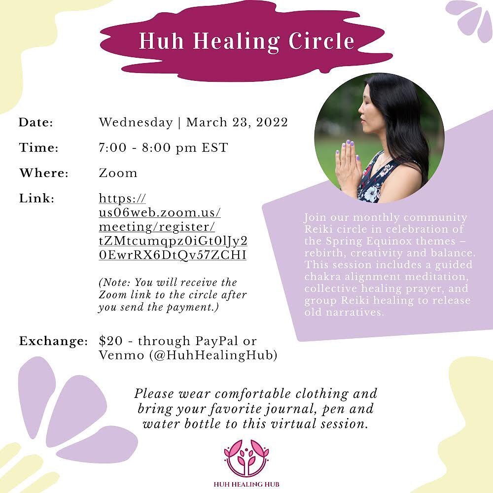 Our monthly Huh Healing Circles are back &mdash; just in time for Spring Equinox on March 20th. This seasonal passage 🌸🌸🌸 is a time of spiritual awakening, recalibration and manifestation. 

Join us for for our community virtual Reiki circle on Ma