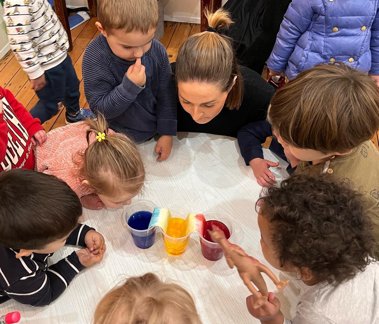 Creating opportunities for children to focus, concentrate and participate in sustained shared thinking supports brain development and self regulation. Our toddler class are invited to participate in science experiments every day to promote these skil