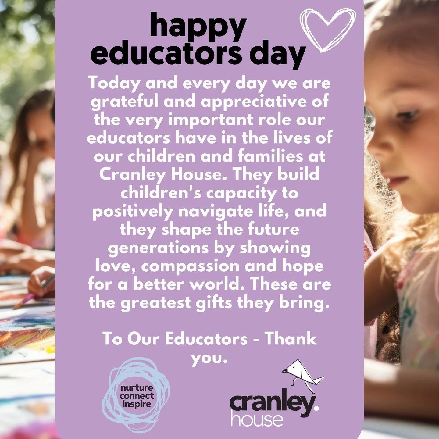 Today and every day, we are deeply grateful for the incredible role our educators play in the lives of our children and families. Their dedication, love, and compassion help build the foundations for our children's future, fostering a sense of hope a