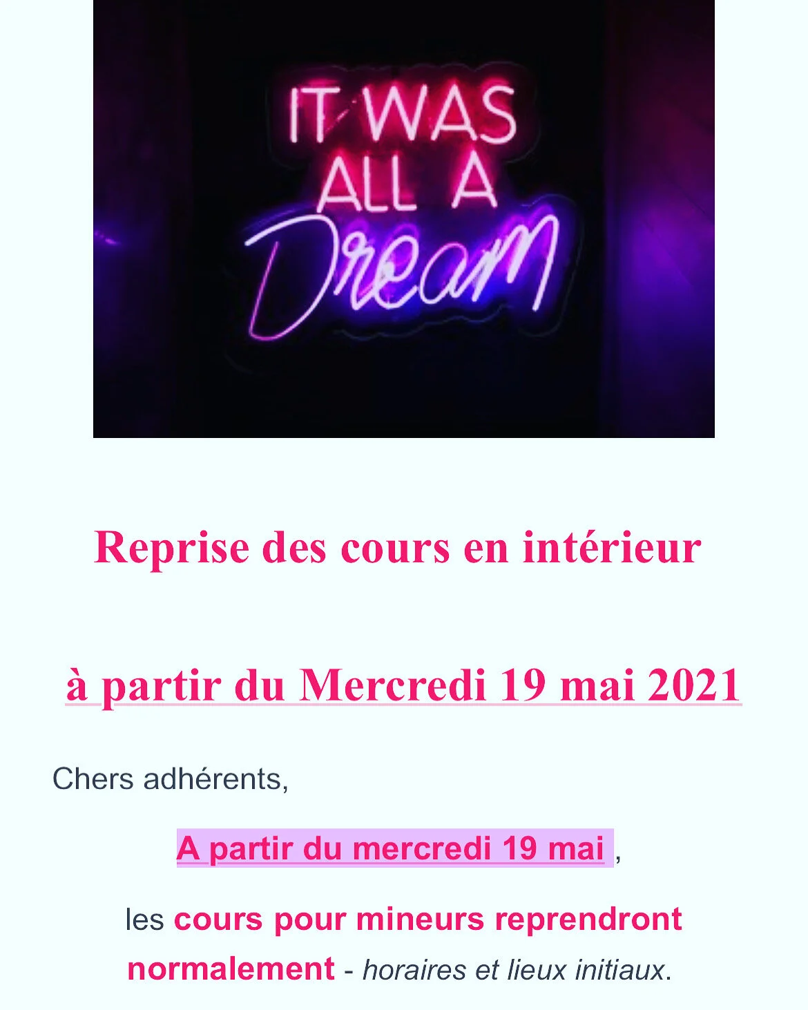 Reprise des cours en intérieur (mineurs)