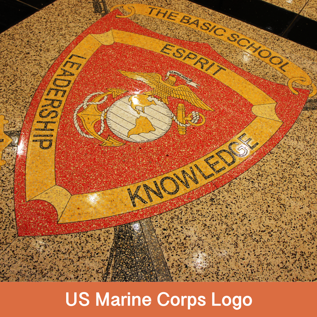 Every day, Marine Troops walk on 120,000 square feet of Terrazzio after coming in from Field Exercises wearing combat fatigues with lugged boots filled with rocks and mud. After the first Terrazzio was installed, a Marine Officer called saying, in a Commanding Voice “… you have great STUFF, Sir. This is the best STUFF I’ve ever seen….. We are tough on floors and every day this STUFF looks great.” The Marine Corps Shield was created with 4’x8’ Terrazzio Panels to present the look of traditional terrazzo, with virtually no joints. Please contact us if you have a special logo or design for your floor.
