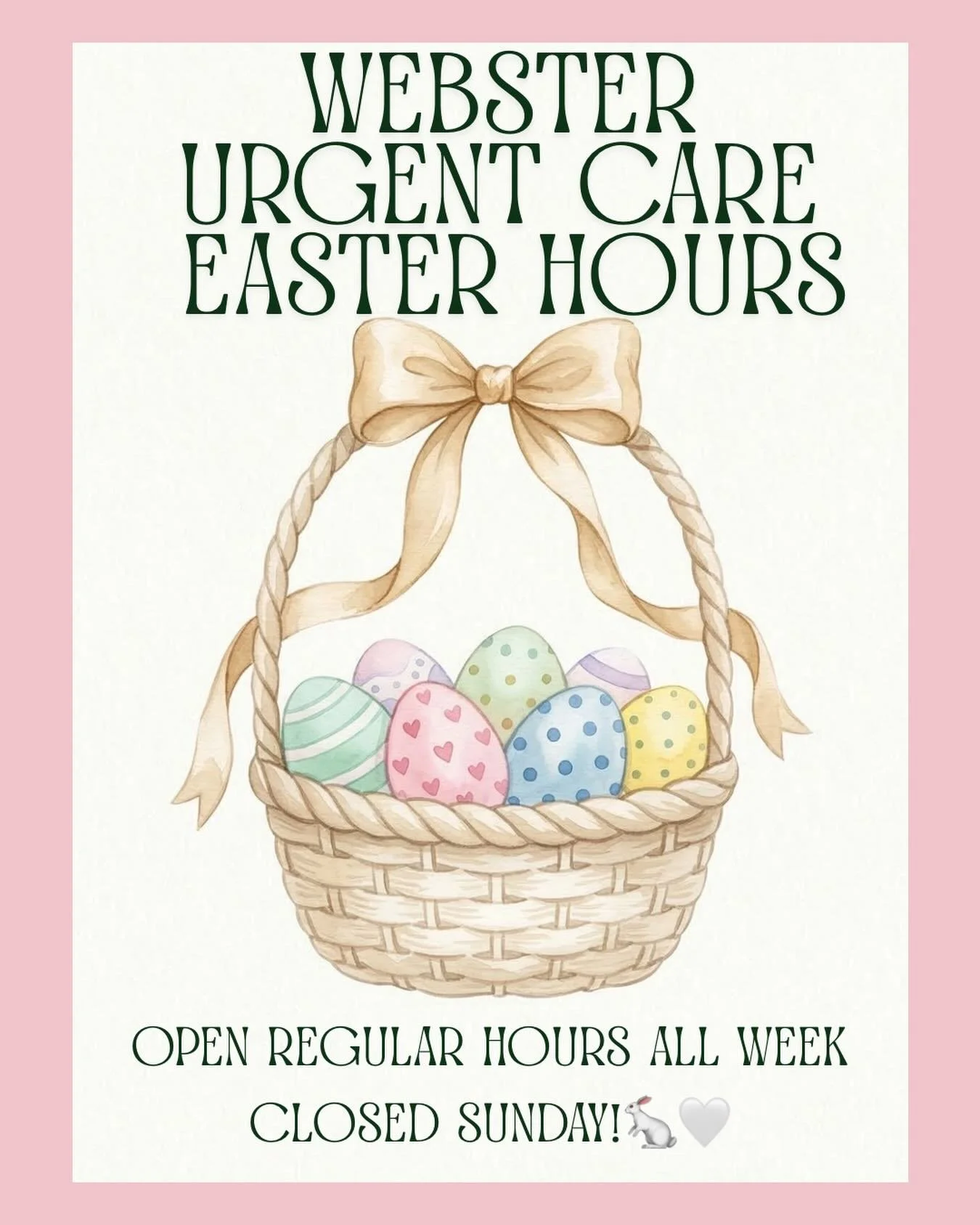 🐣✝️ Easter Weekend Update &ndash; Webster Urgent Care Mathiston ✝️🐣

As we celebrate this special season, we want to keep our community informed of our hours:
✅ Open Good Friday
✅ Open Monday
❌ Closed Easter Sunday ONLY
We will be closed on Easter 