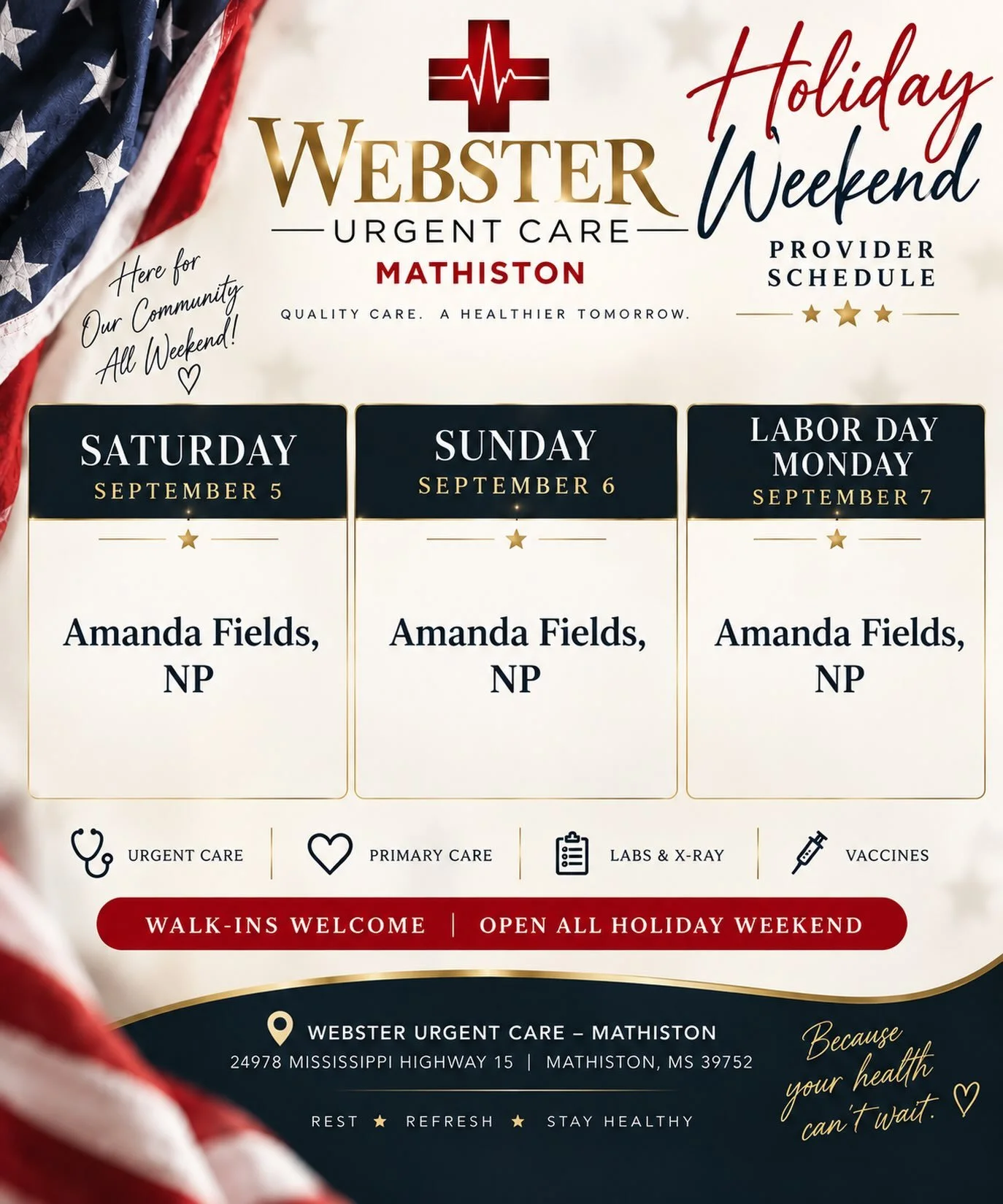 🇺🇸 Our Labor Day Weekend Schedule! 🇺🇸
We&rsquo;re here for you all weekend long! 🤍
📅 Saturday: 8 AM &ndash; 4 PM
📅 Sunday: 8 AM &ndash; 4 PM
📅 Monday &mdash; Labor Day: 7:30 AM &ndash; 6 PM
Please keep in mind that we ARE OPEN on Labor Day! ?