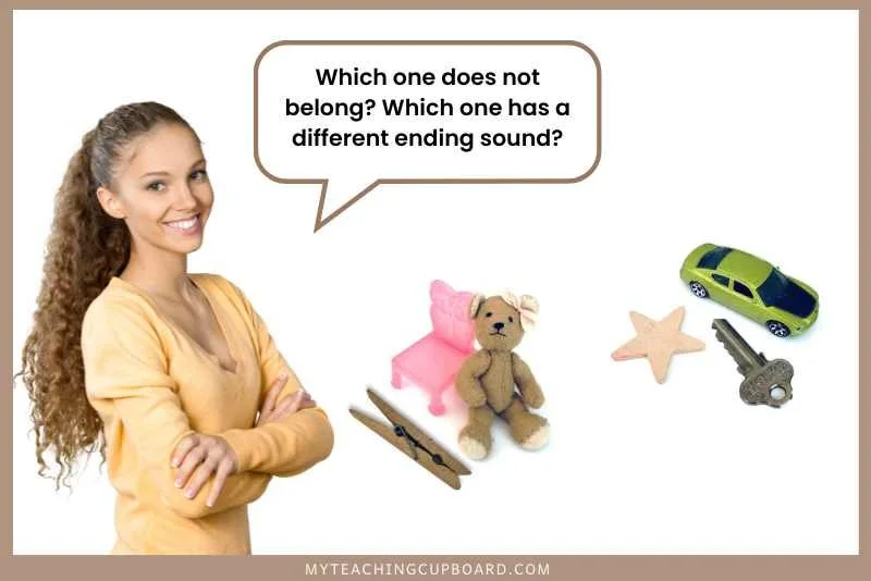 Rhyming basket items - chair, bear, star and car, key, star to teach rhyming oddity