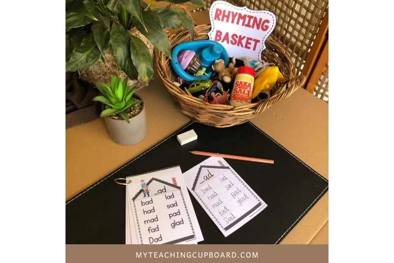 rhyming basket literacy investigation area set up