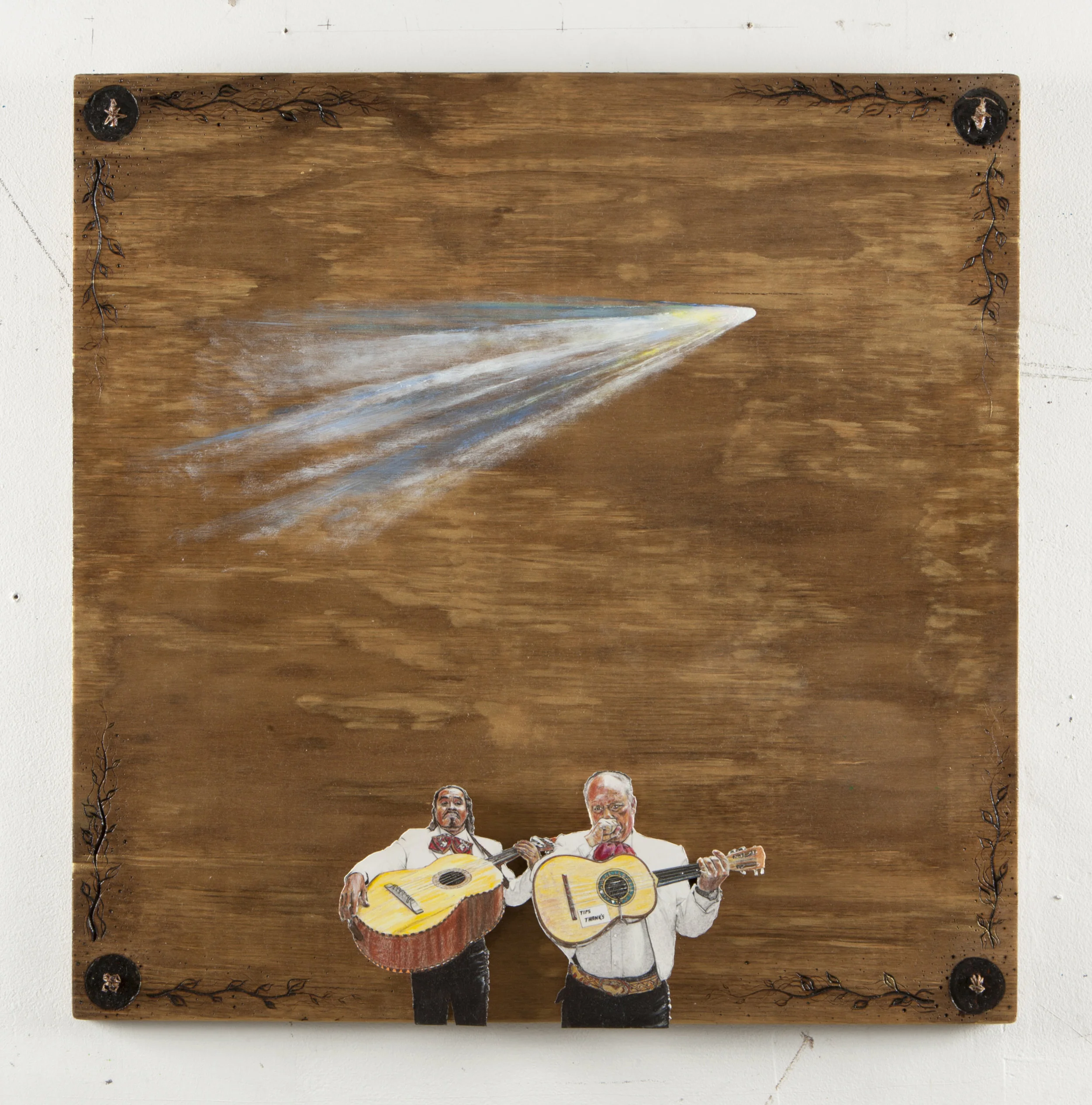 "Mariachis with Comet" 2017, 26 in. x 26 in., hand-colored print on wood with found objects