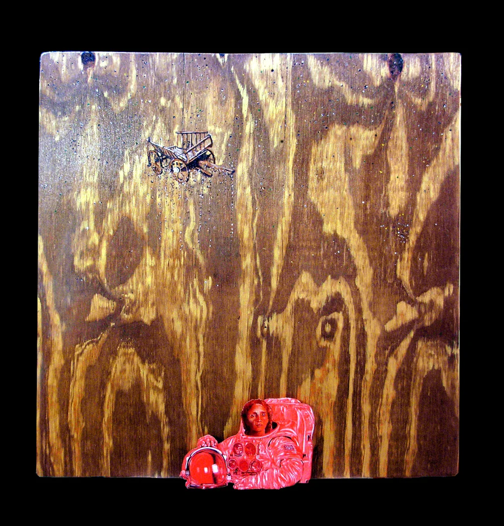 "Could Have Been" 2017, hand colored print on wood, acrylic paint, 26 in. x 24 in