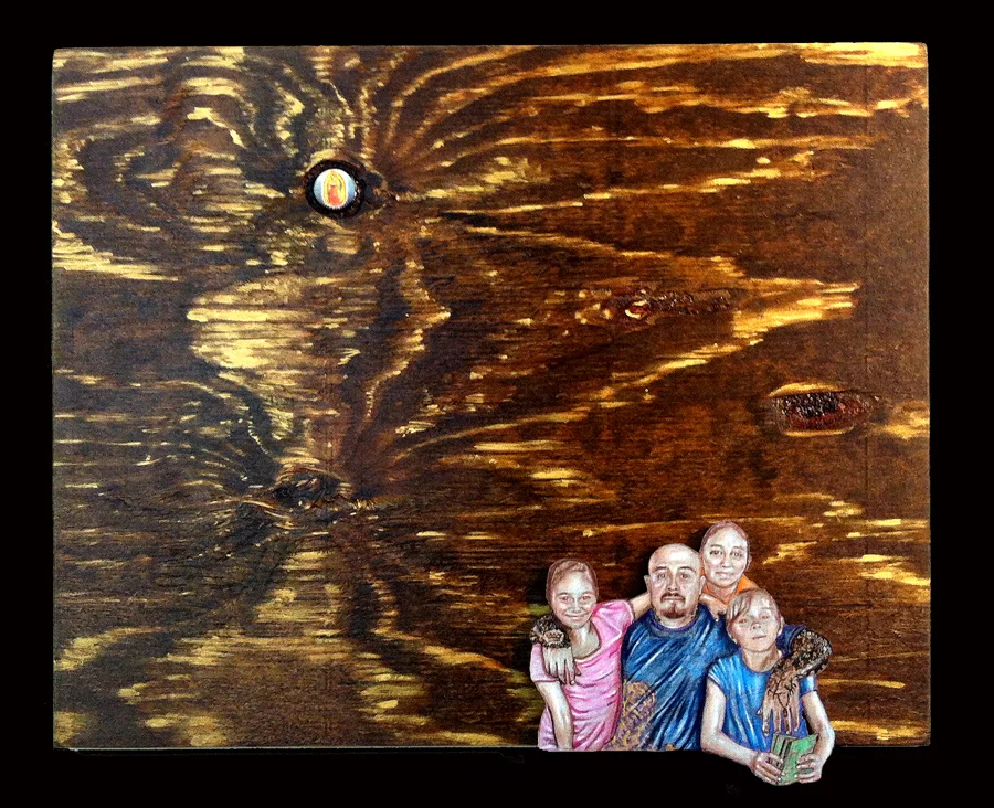 "Willie and Family" 2016, hand-colored print on wood and found object