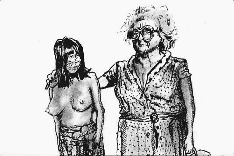 A Maca Indian Poses With A Member of the Tourist Tribe 2002, Ink on Paper, 8" x 12"