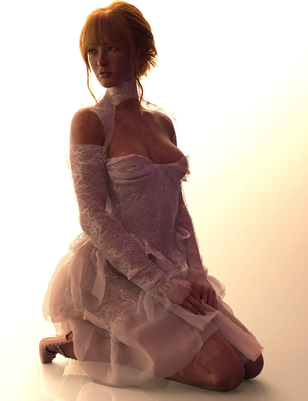 An image of a woman kneeling on the ground in a white lace dress modeled in marvelous designer and rendered in DAZ3D