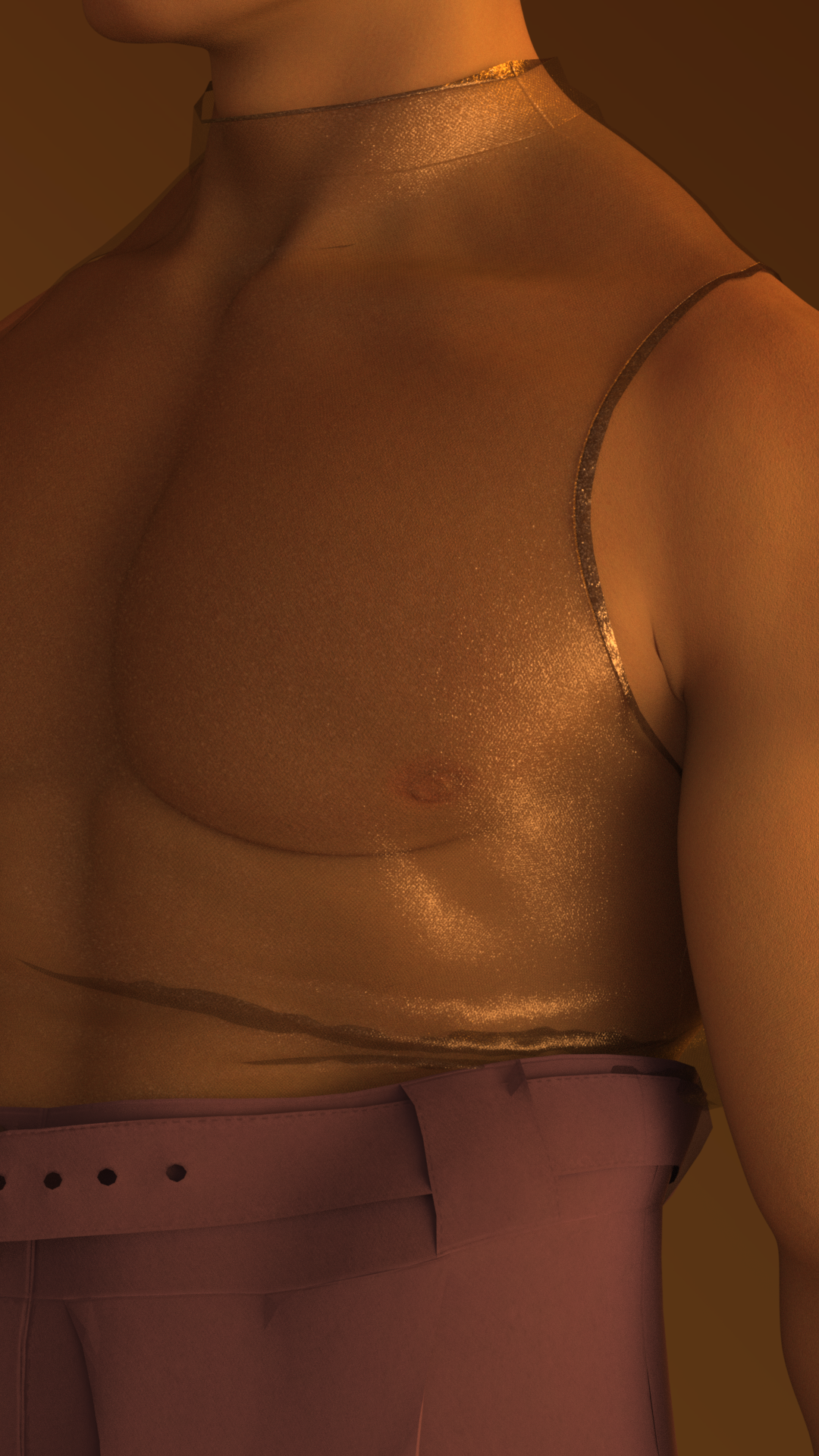 Closeup of a man's torso at 3/4ths view. He is wearing a mesh shirt and a pair of pleated trousers. The scene is lit with a golden glow. Clothes modeled in marvelous designer and image rendered in DAZ3D.