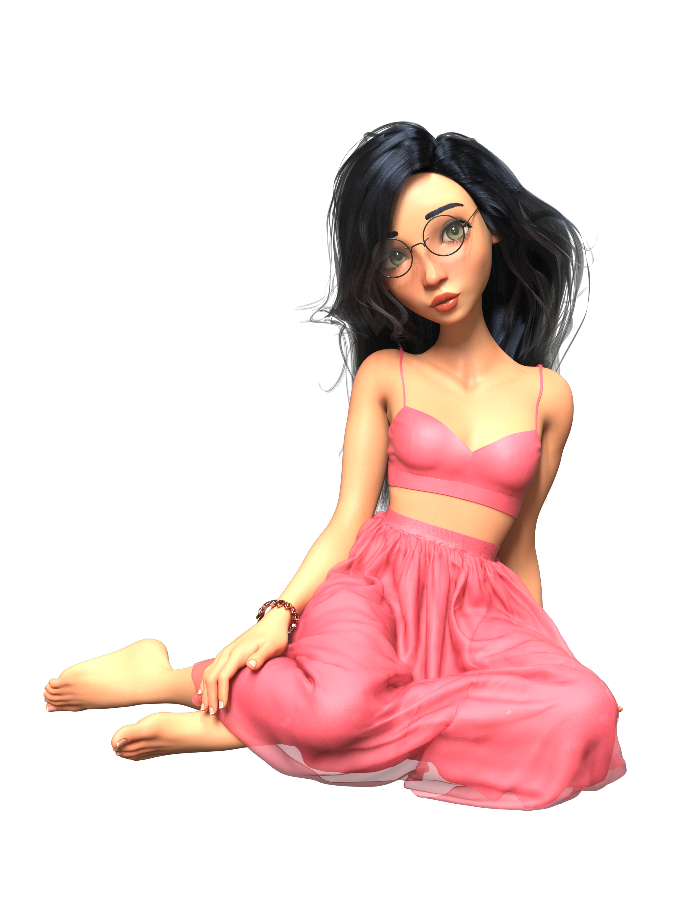 Cartoon Girl with Long Dark Hair Wearing Glasses