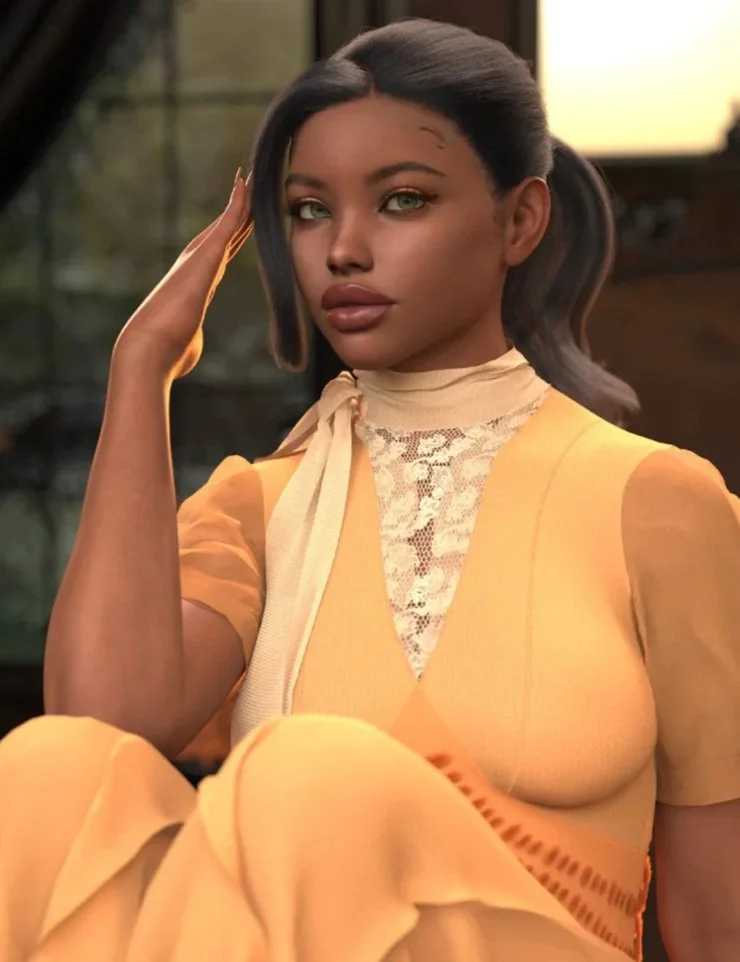 An image of a fashionable black woman wearing a yellow-orange dress designed in marvelous designer and rendered in DAZ3D.