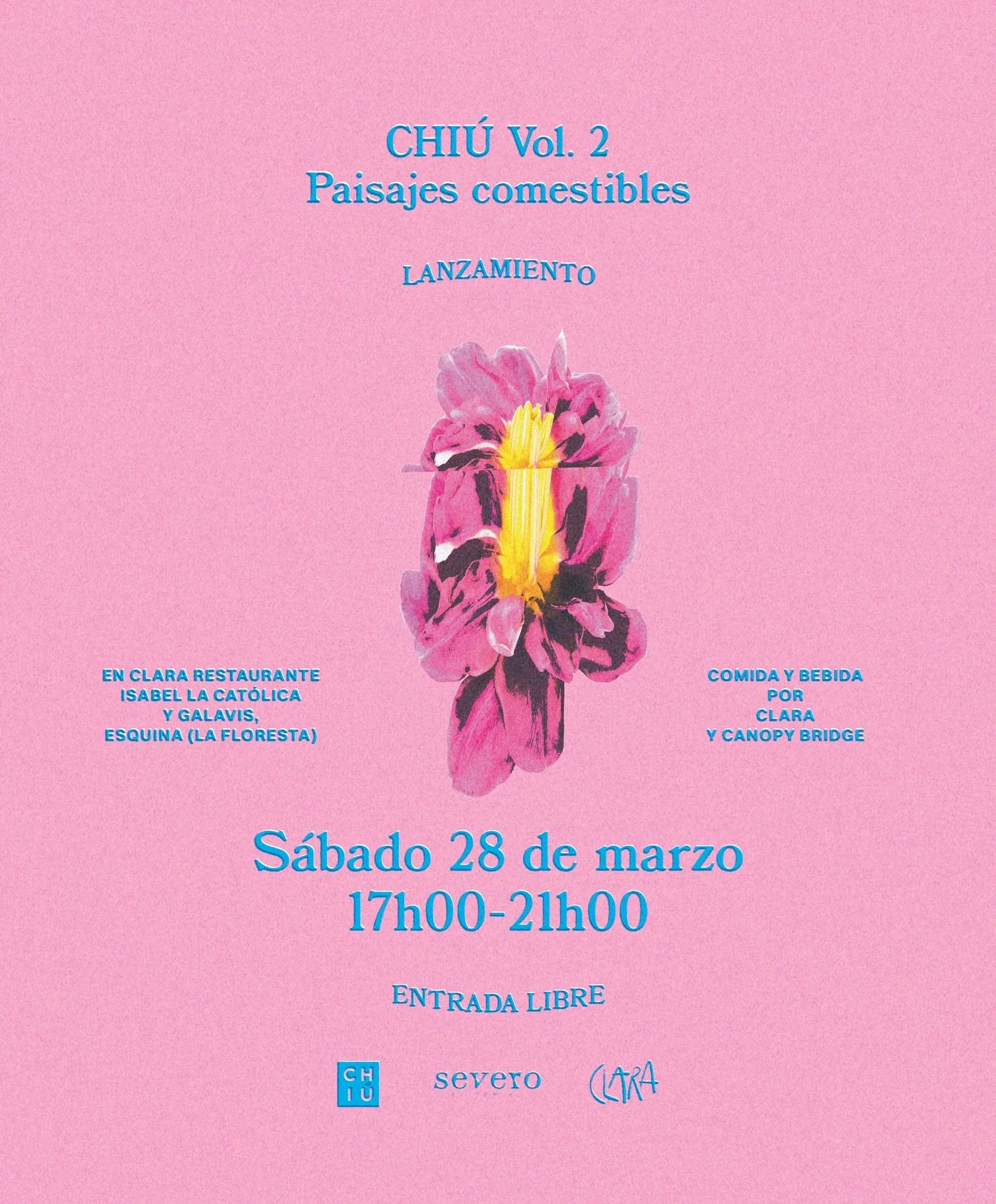 ⛰️ Lanzamiento Chi&uacute; Vol.2: Paisajes comestibles 🍍

Agenda 📔📆

S&aacute;bado 28 de marzo en Clara Restaurante (@clara_restaurante).

💬17:00 &ndash; 18:30
- Charla + lectura de lanzamiento con los invitados @valentinaalv, @sporainiciativa, @