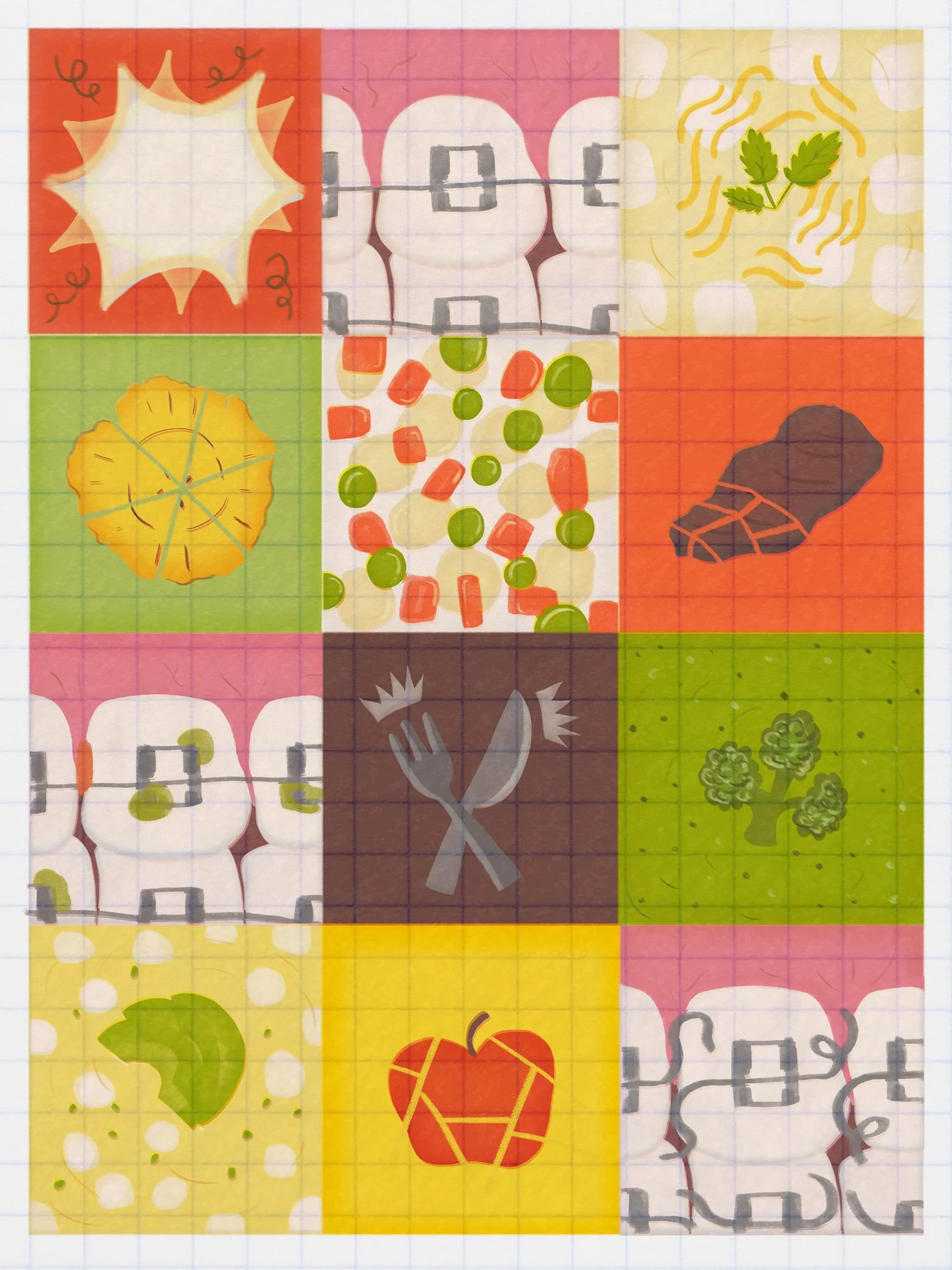 Ilustración colorida compuesta de pequeños recuadros retratando brackets, sopas, ensaladas, patacón, cubiertos.