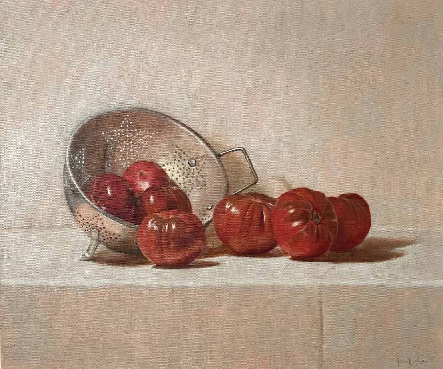 Still wet on the easel but I couldn&rsquo;t wait to share. 

&ldquo;Cherokee Purple&rdquo; 18x24&rdquo;, oil on canvas 

These tomatoes were the most amazing color. They were almost pink at one point. I really tried to lean into keeping some areas tr
