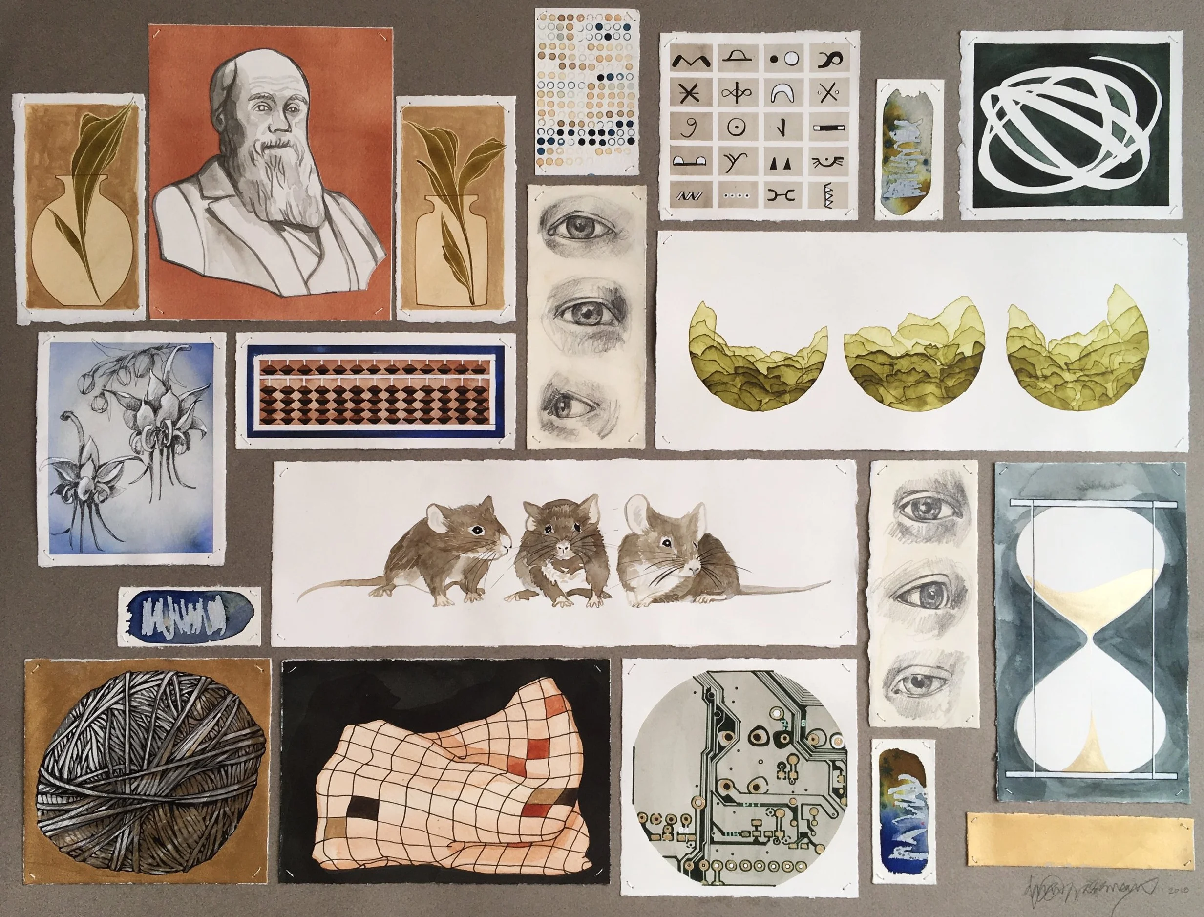 GOLD LAB SYMPOSIUM 2018 • PAINTING ‘ Gold Lab Cabinet ’ uses both realism and abstract objects to represent the specialties of the speakers and the overarching themes at the 2018 GoldLab Symposium. Using the model of the Cabinet of Curiosities, the painting explores a ‘collection’ of ideas with a confluence of symbols. This collection is an interpretation of this year’s scientific and social themes. The GoldLab speakers come together to create a collection of thoughts in a forum of discussion and questioning. The painting, with it’s pinned vignettes, references the effect of looking down into a drawer or looking into a closet of mysterious and intriguing things, both recognizable and unrecognizable. Above image: Gold Lab Cabinet , mixed media on paper (22” x 34”), 2018.