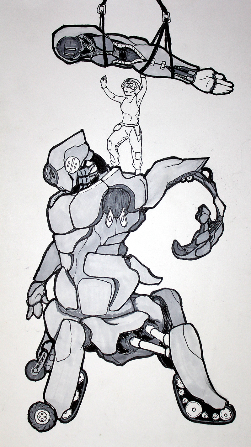  Concept art for a comic I am developing about Mecha pilots living on a Dyson Sphere.  Pen and Alcohol-based pen on paper 