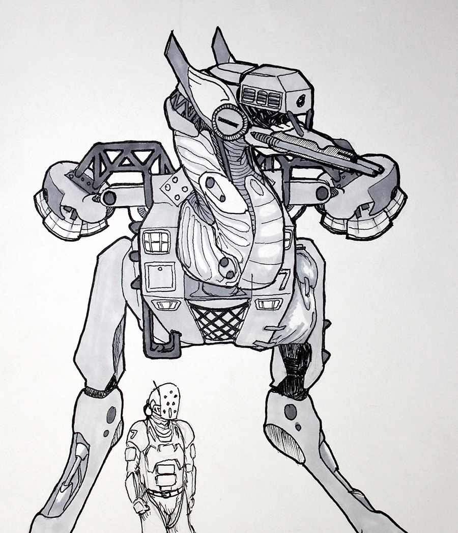  Concept art for a comic I am developing about Mecha pilots living on a Dyson Sphere.  Pen and Alcohol-based pen on paper 