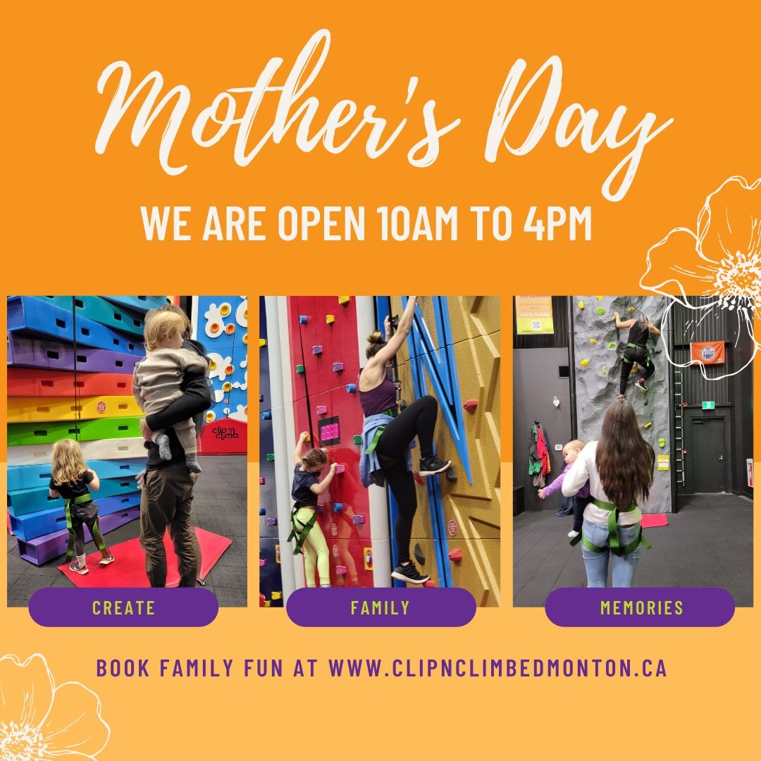 Mother's Day is this Sunday! We are open 10am to 4pm, so head over to our website via the link in our Bio to book your climb times now!

#FamilyClimbing 
#MothersDay2023 
#MothersDay 
#FunForMom 

#YEG 
#Edmonton 
#MothersDayIdeas 
#MothersDayGiftIde